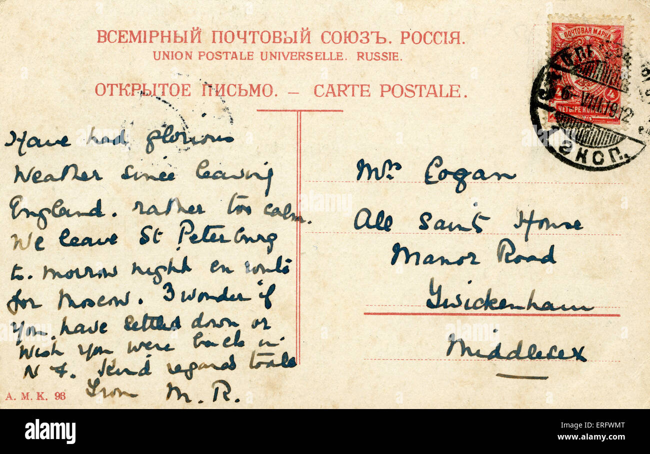 Zurück von Sankt-Petersburg Postkarte - datiert 1912, Vorderseite der Postkarte finden Sie unter Foliennummer 51000 Stockfoto