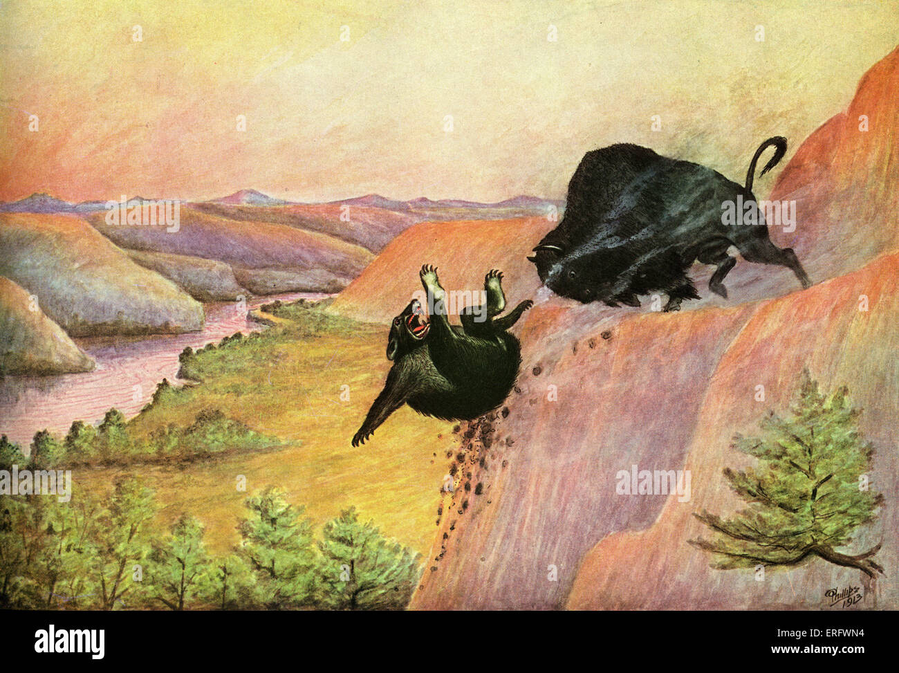 Indische Märchen für kleine Leute von W. S. Phillips (El Comancho 1867-1940). Abbildungen vom Autor. Angezeigt: Tragen und buffalo kämpfen auf Klippe. Volksmärchen. Stockfoto