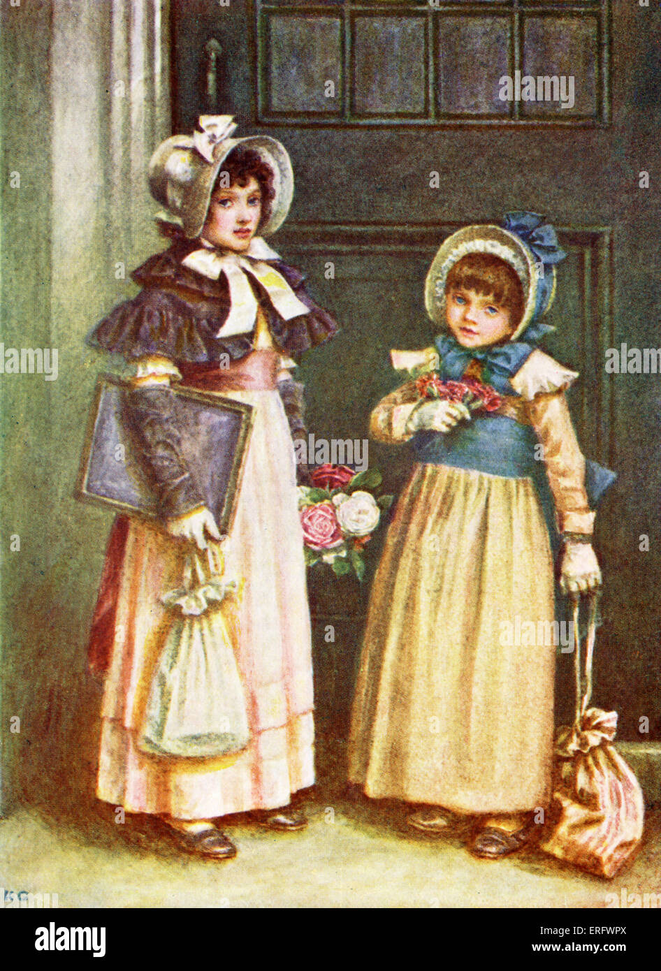 "Zwei Mädchen gehen zur Schule" von Kate Greenaway. Viktorianische Ära. Stockfoto