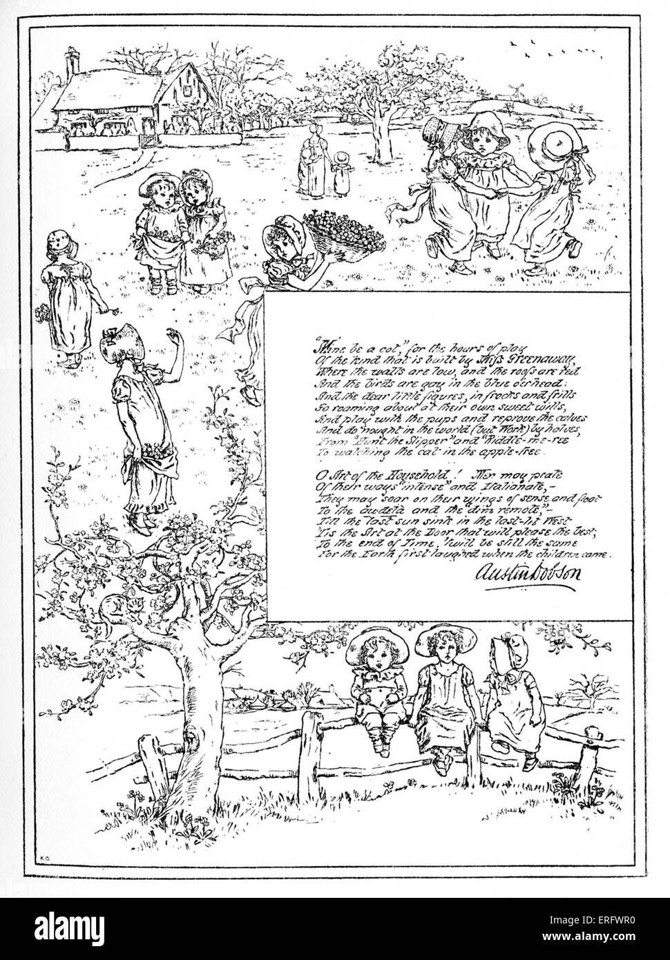 "Haus-Schönheit". Gedicht von Austin Dobson (1840-1921) viktorianische Kinder spielen in dem Land. Auch tanzen. Englischer Dichter und Stockfoto