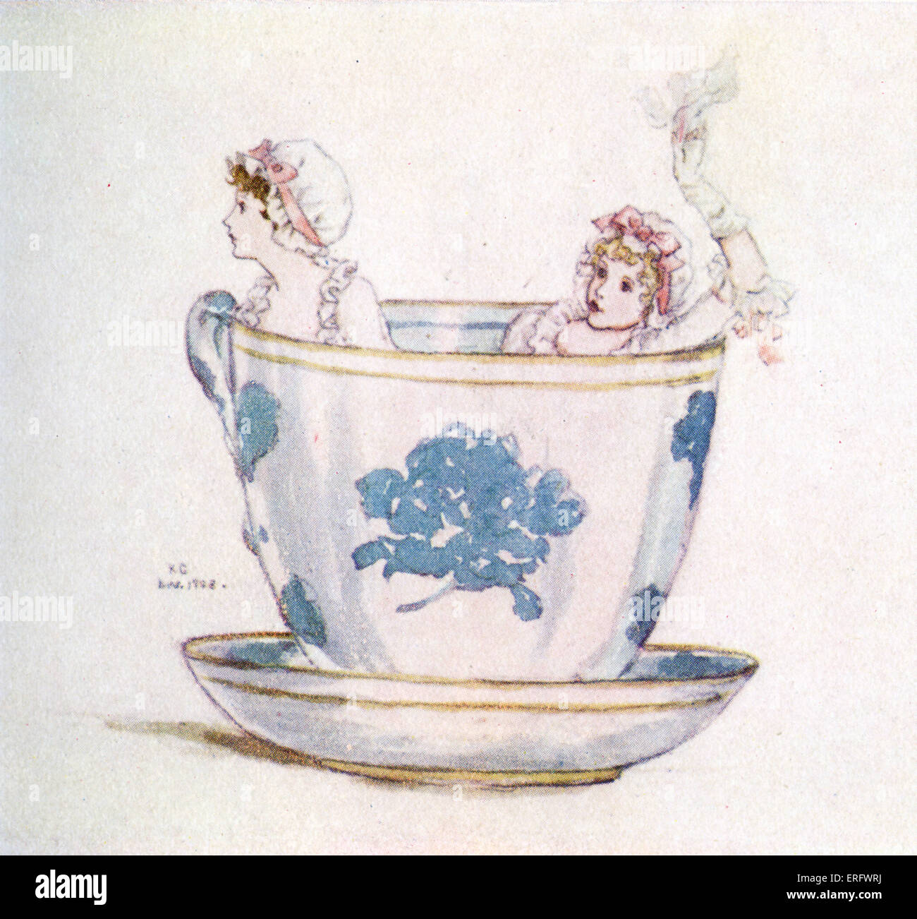 "Eine ruhige in einer Tasse Tee" von Kate Greenaway. Phantasievolle Aquarell-Malerei von zwei Mädchen, die tragen Mob Mützen und Bänder in einem Tee Stockfoto