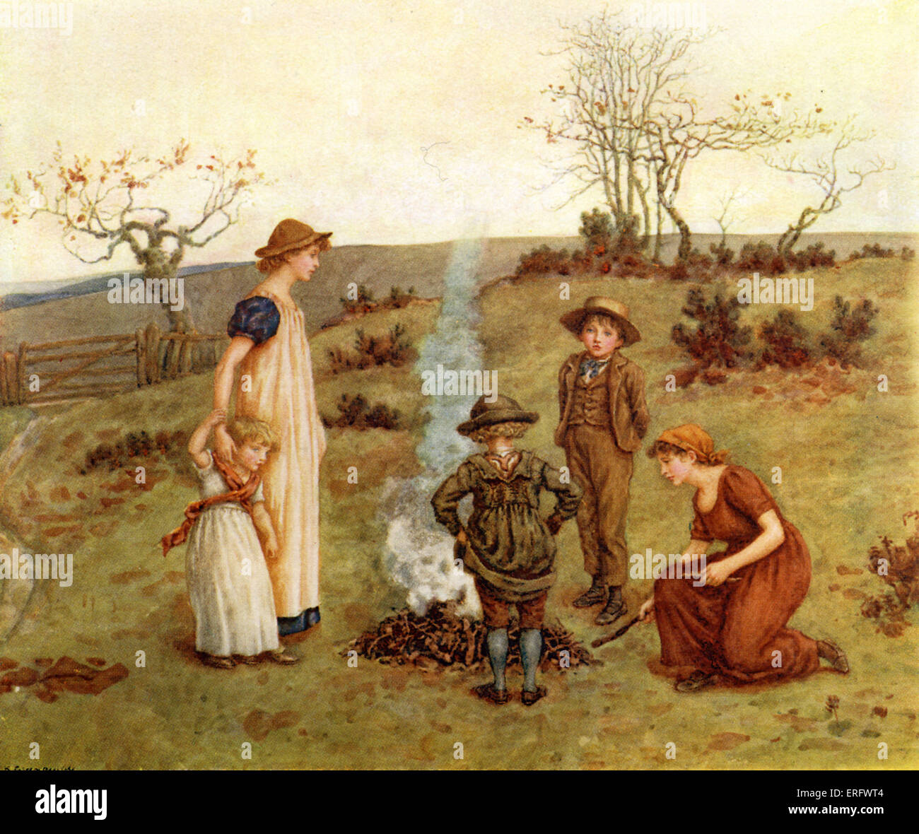 "Der Stick Feuer" von Kate Greenaway. Jungen Viktorianer Lagerfeuer. Stockfoto