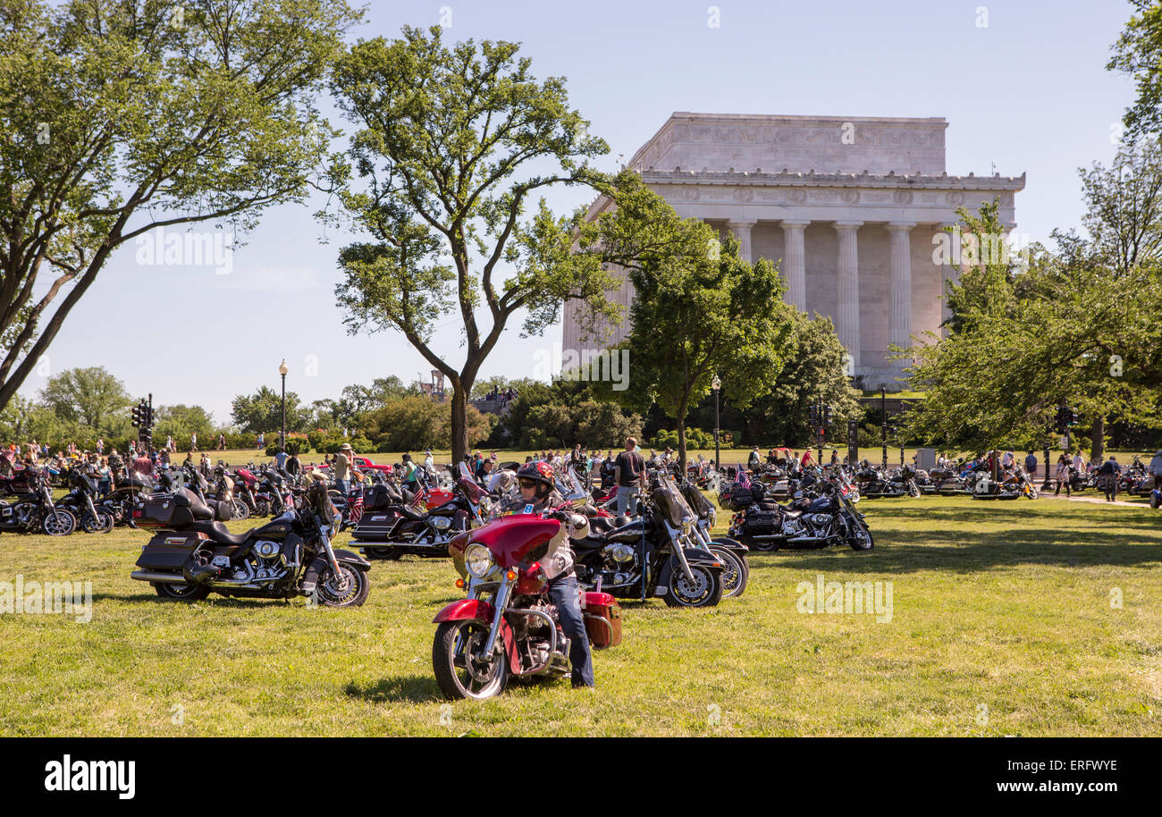 WASHINGTON, DC, USA - Motorräder und Lincoln Memorial während Rolling Thunder Rally am Memorial Day Wochenende. Stockfoto