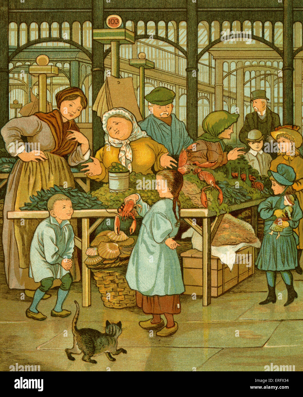 Markt von Paris, Frankreich im späten 19. Jahrhundert. Hummer, Muscheln, Austern auf dem Marktstand.  1882. gezeichnet von Thomas Crane Stockfoto