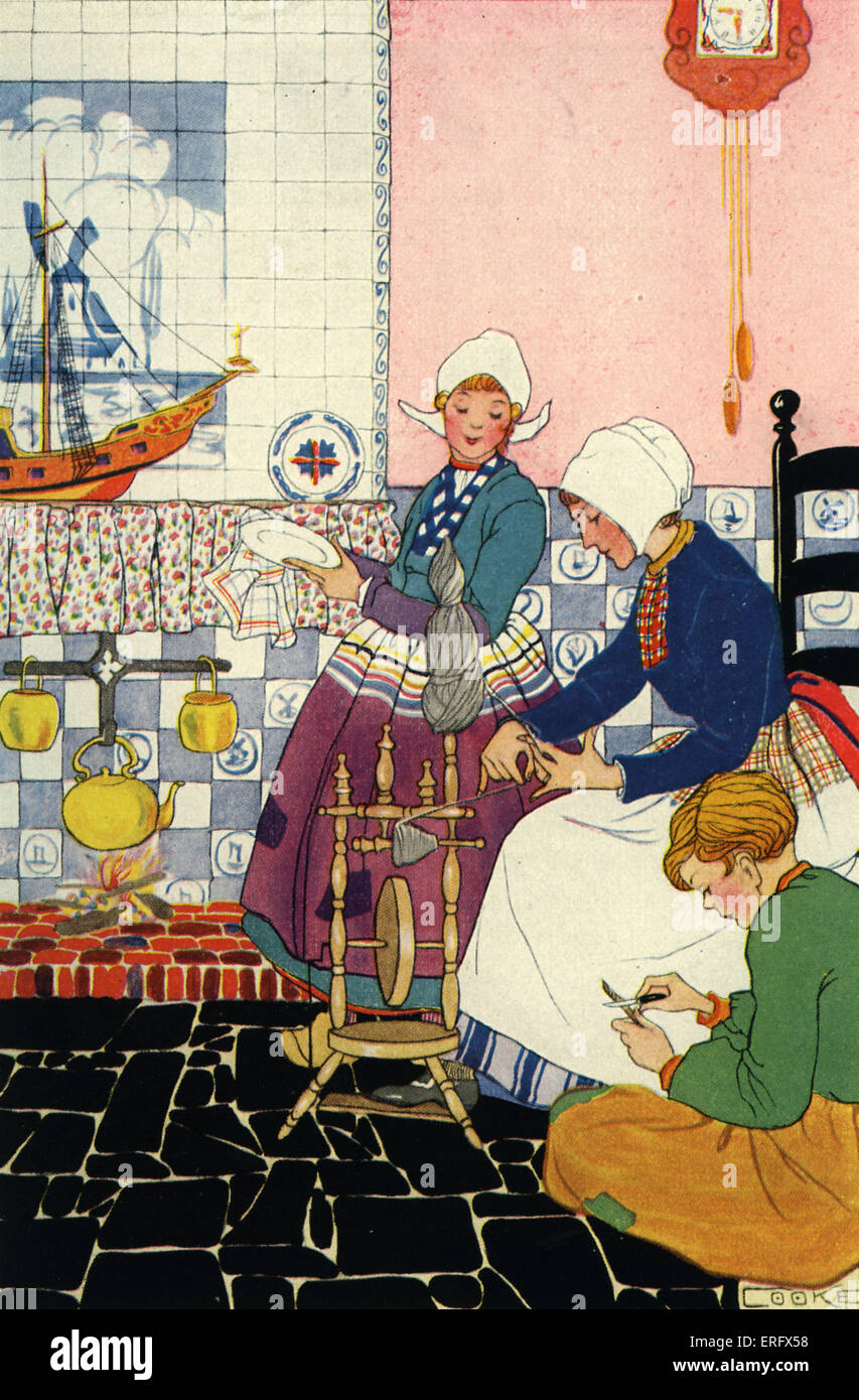 Holländische Familie in Küche, wischte sich Gerichte, Wolle spinnen, schnitzen Holz und niederländischen Tracht tragen.    Illustriert von Stockfoto