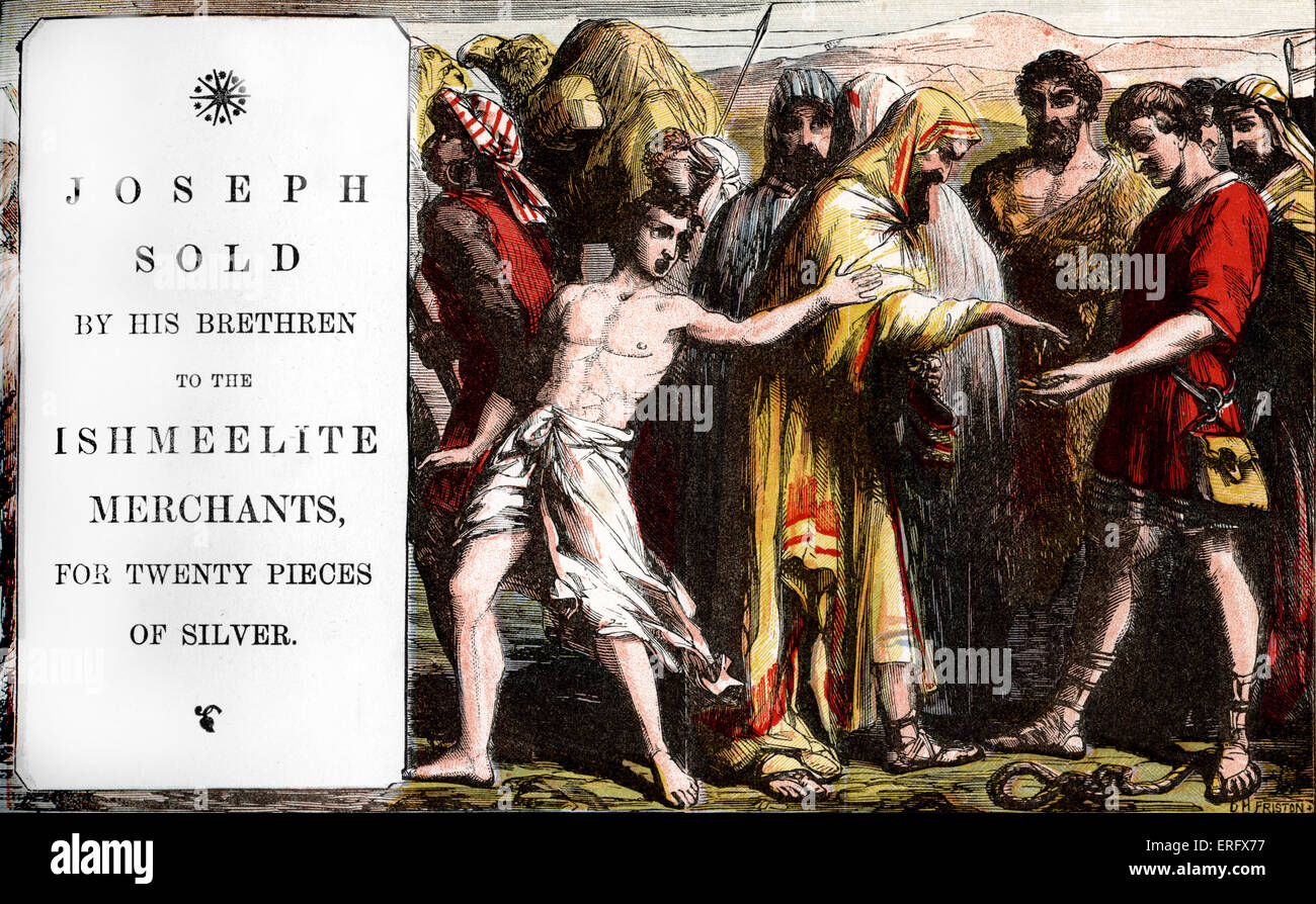 Genesis 37: Joseph von seinen Brüdern an die Ishmeelite (Ishmaelite) Kaufleute, für zwanzig Silberstücke verkauft.  Bibel Stockfoto