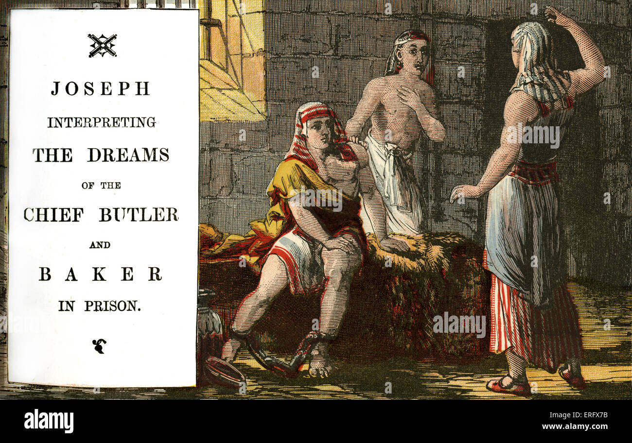 Genesis 40: Joseph Traumdeutung der chief Butler und Bäcker im Gefängnis. Geschichten aus der Bibel in viktorianischen Abbildungen Stockfoto