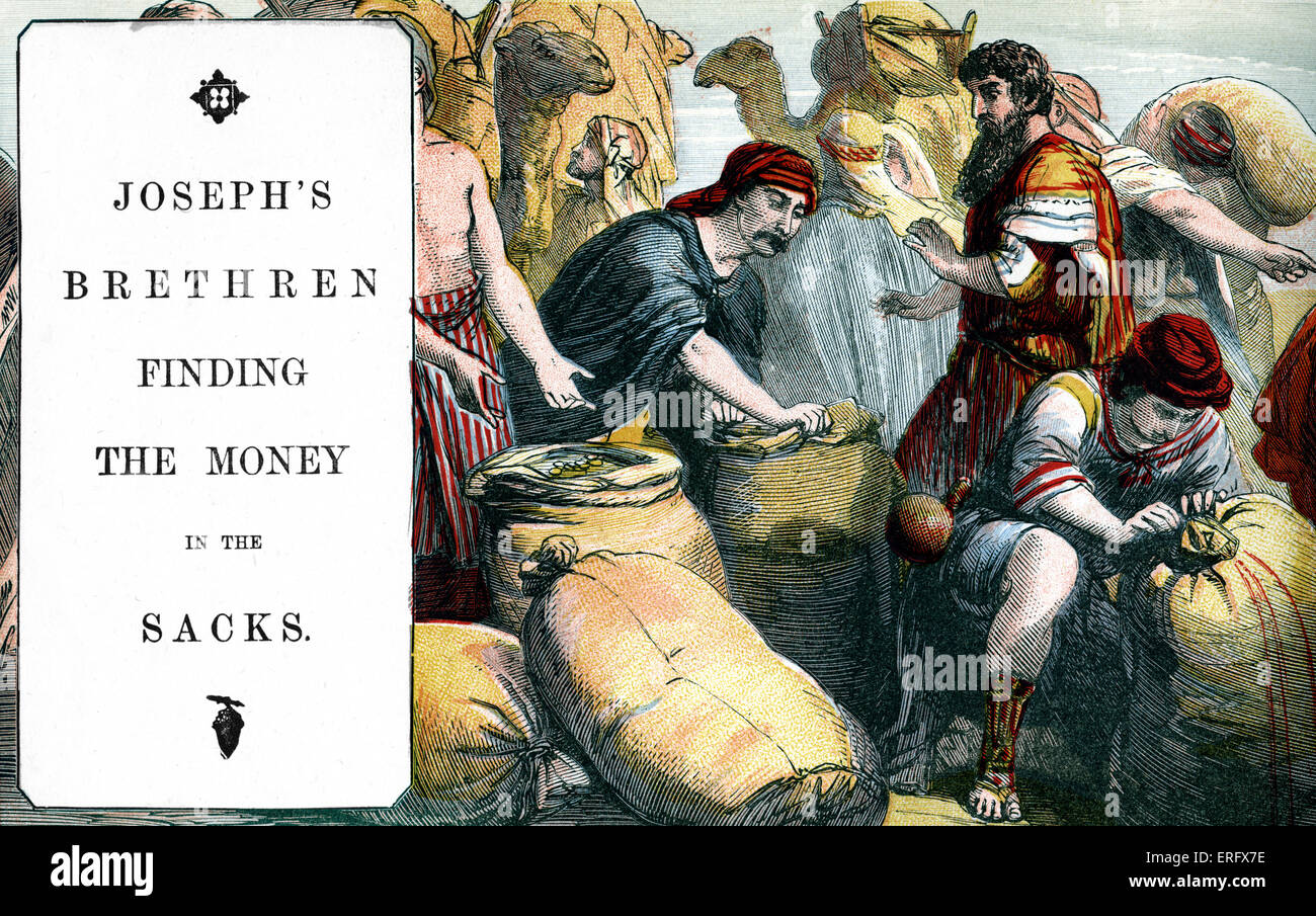 Genesis 42: Josephs Brüder das Geld in die Säcke zu finden (das Geld hatte sie für Lieferungen war ersetzt worden, der Stockfoto