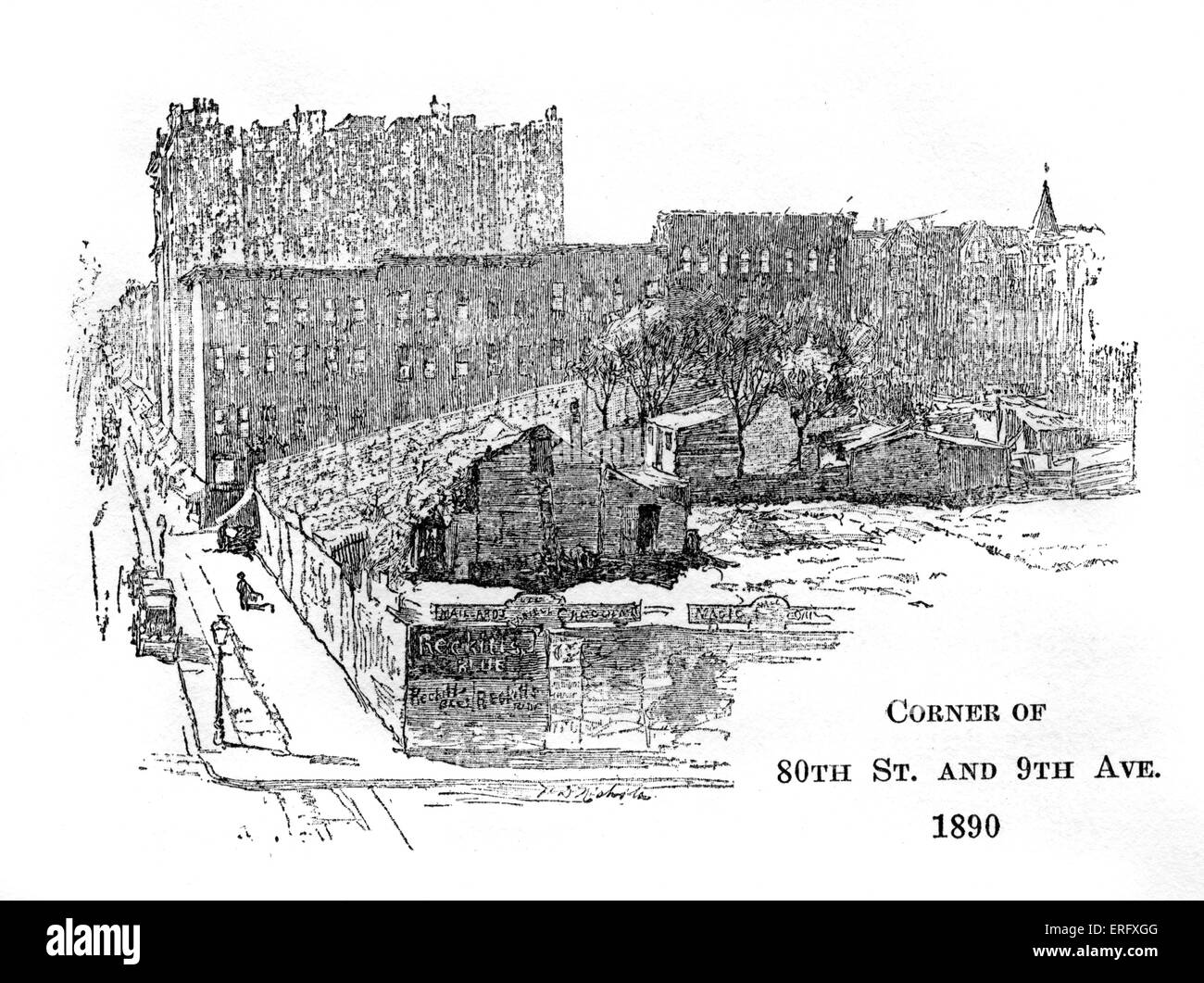 Ecke 80th Street und 9th Avenue, New York 1890. Ende des 19. Jahrhunderts Abbildung Stockfoto