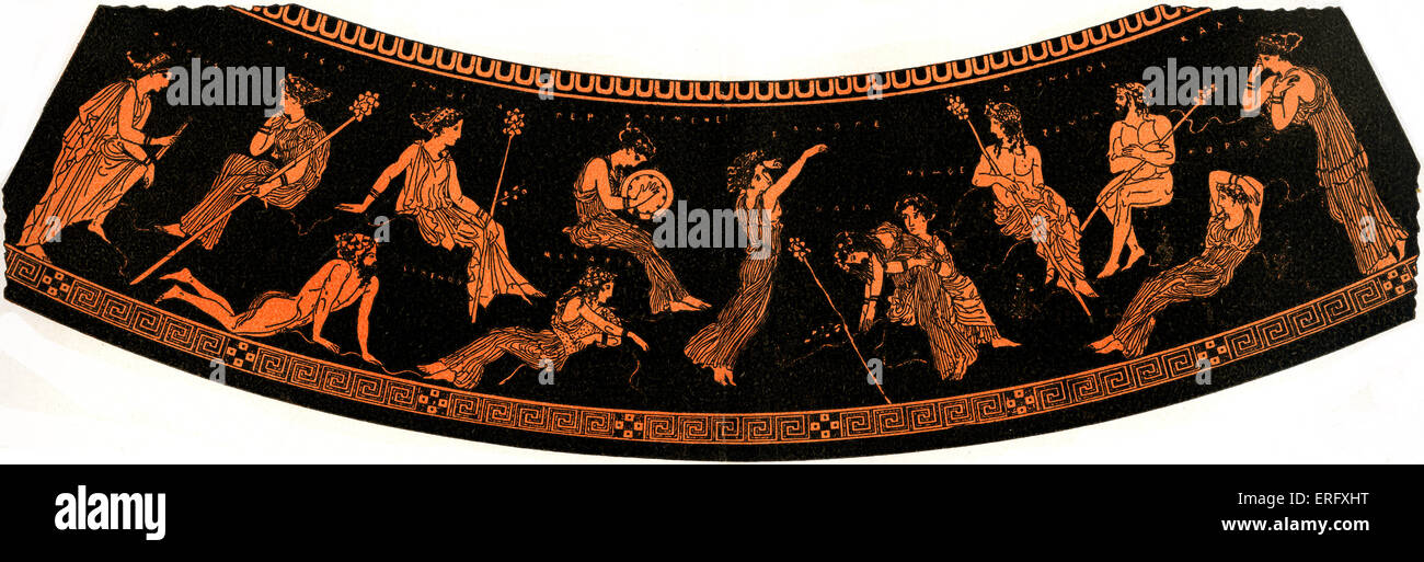 Antike griechische Darstellung der Dionysos oder Dionysos (Bacchus) zusammen mit dem Gefolge des Dionysos genannt die Thiasus und Stockfoto