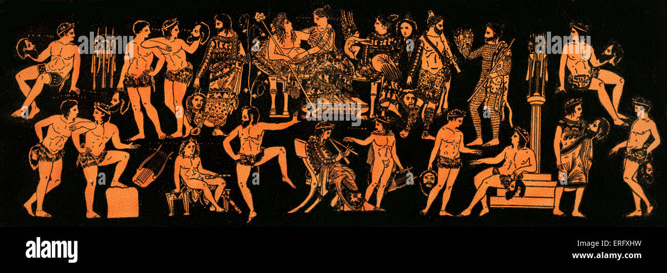 Griechische Theaterszene in alten griechischen Abbildung.  Vertretung f Dionysus oder Dionysos (Bacchus) und Ariadne (Arianna), die Stockfoto
