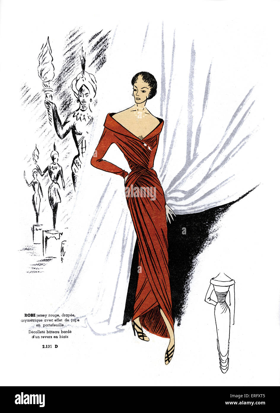 French, rote Trikot Abendkleid Modedesign / Robe Jersey Rouge für Ende der 1940er Jahre.  Von Mode de France Frühlingsausgabe 1949. Stockfoto
