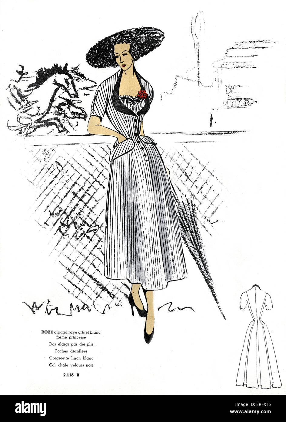 Französische Mode, grau-weiß gestreiften Alpaka Kleid Design, Princess-Schliff / Robe Alpaga Raye Gris et Blanc, Forme princesse. Für Stockfoto