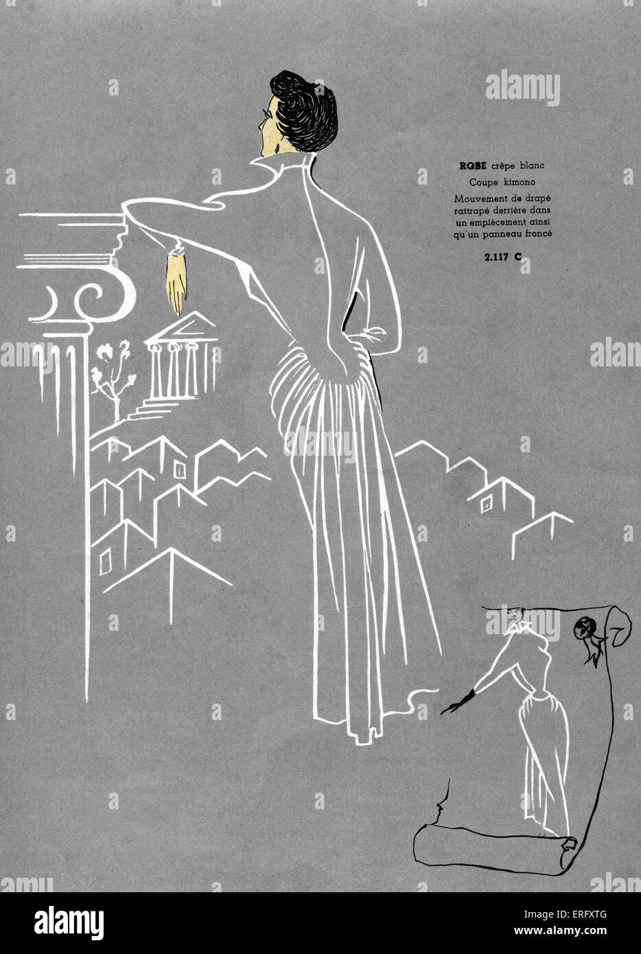 Französische Mode, weiße Crêpe-Kleid-Design / Robe Crêpe Blanc. Für den späten 1940er Jahren. Hintere Aspekt zeigt das Kleid geschnitten in einem kimono Stockfoto