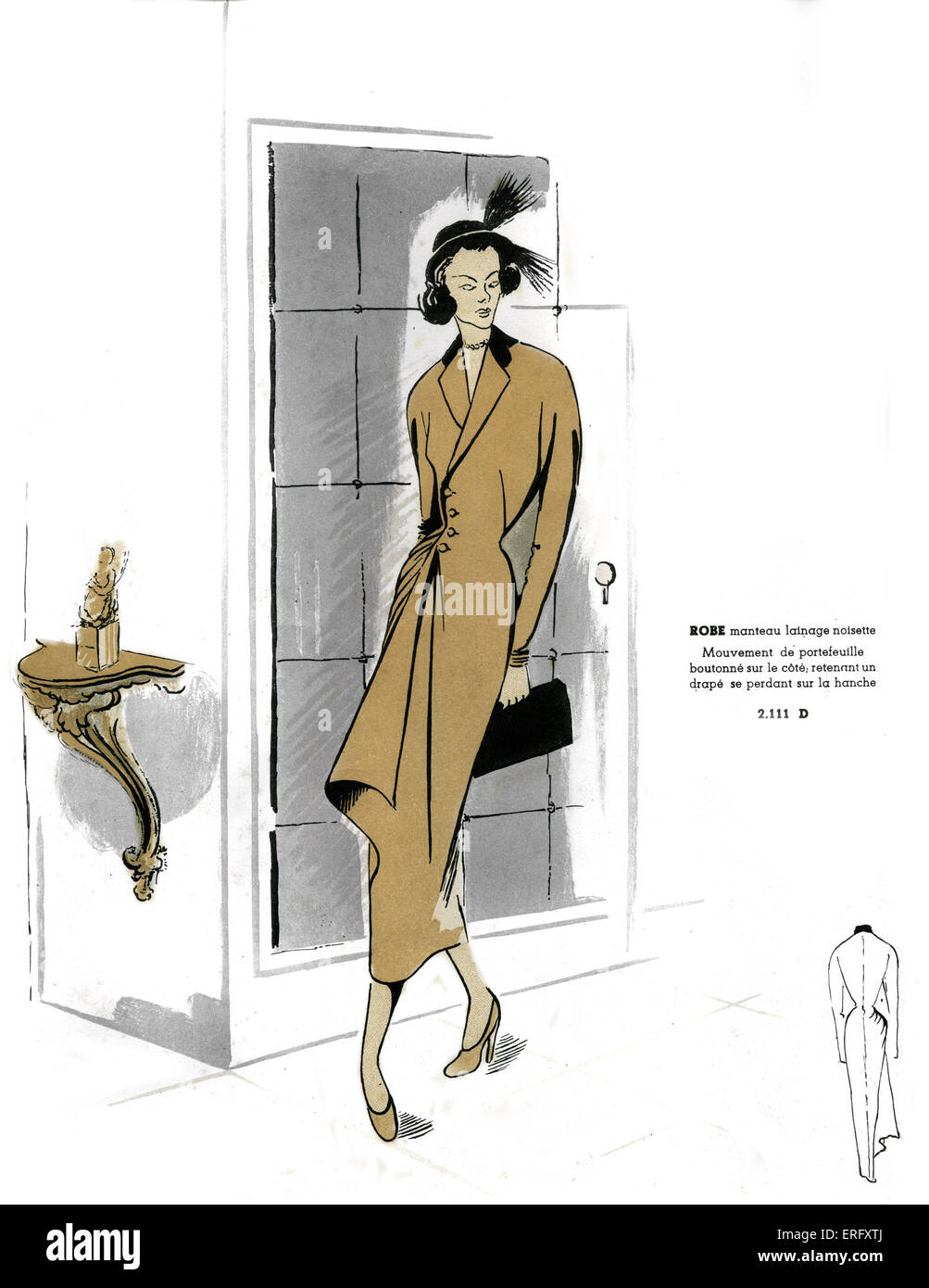 Französische Mode, wollenen Haselnuss Mantel Kleid Design / Robe Manteau Lainage Noisette. Für den späten 1940er Jahren. Das Model trägt einen Hut mit schwarzen Federn. Vom Modus de France Frühlingsausgabe, 1949. Stockfoto