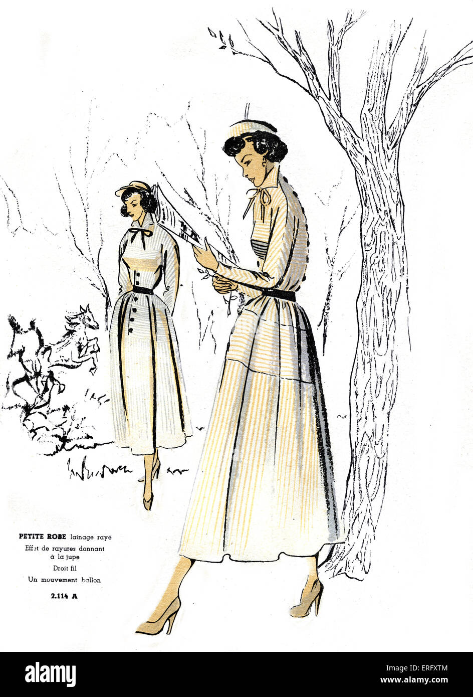 Französische Mode, Petite gestreift wollene Kleid Design / Petite robe Lainage Rayé. Für den späten 1940er Jahren. Modus-de-France Frühling Stockfoto