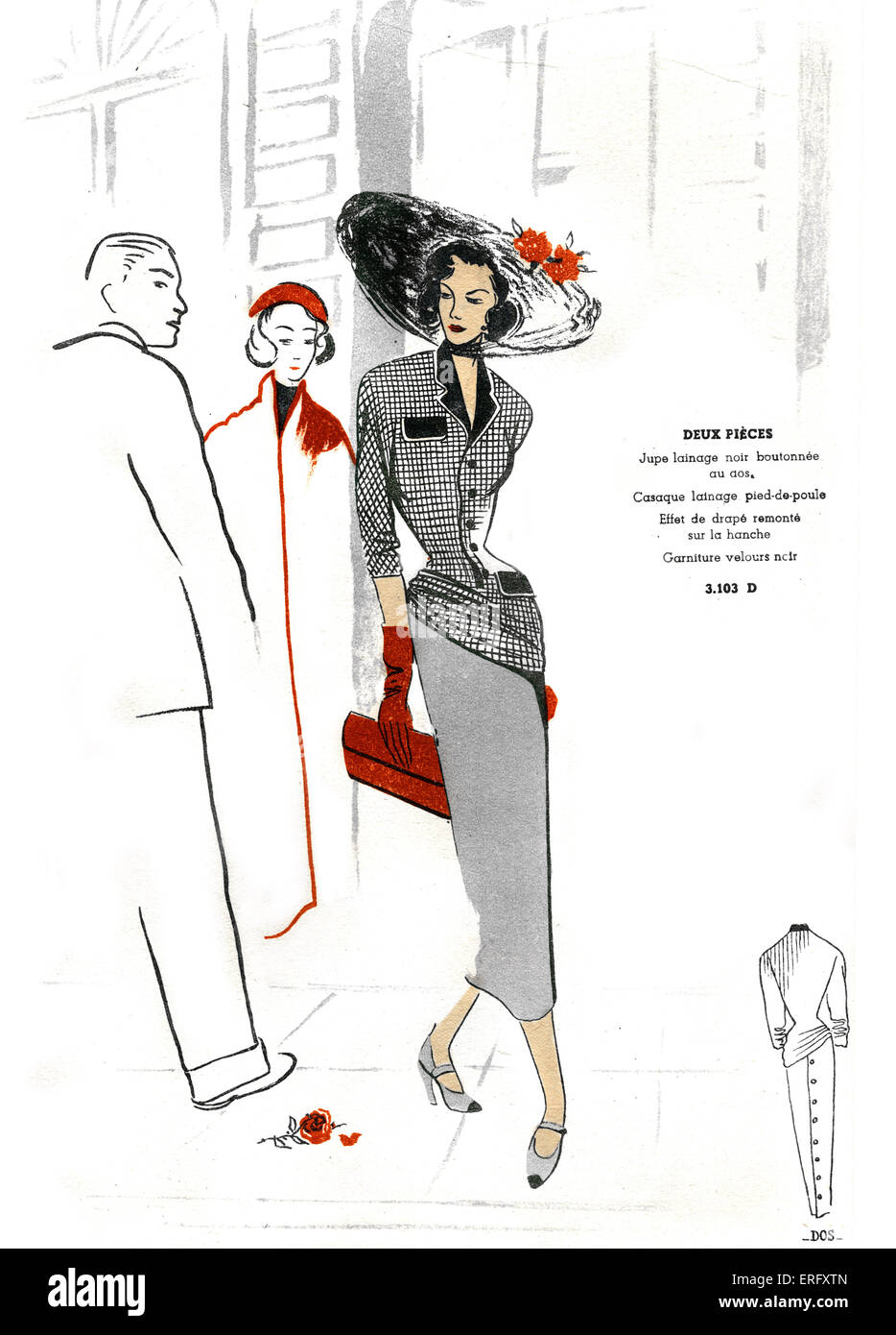 Französische Mode, zweiteilige Kleidungsstück design / Deux pièces. Für den späten 1940er Jahren. Houndstooth Jockey-Jacke, wollenen Rock und Stockfoto