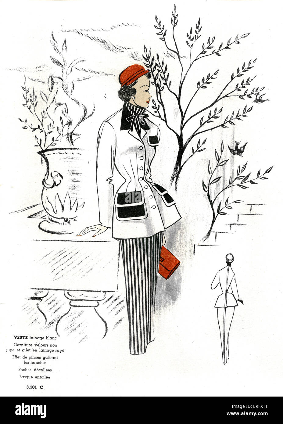 Französische Mode, Design für eine weiße wollene Jacke mit einem gestreiften wollenen Rock und Bluse / Veste Lainage Blanc, Jupe et de Lainage Rayé Gilet. Für den späten 1940er Jahren. Das Modell trägt einen roten Hut und hält eine rote Clutch-Tasche. Vom Modus de France Frühlingsausgabe, 1949. Stockfoto