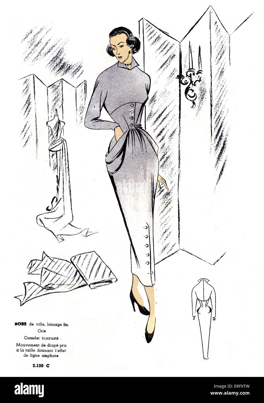Französischer Mode, design für einen feinen grauen wollenen Stadt Kleid / Robe de Ville, Lainage fin Gris. Für den späten 1940er Jahren. Schnitt des Kleides ist wie eine Amphore. Vom Modus de France Frühlingsausgabe, 1949. Stockfoto