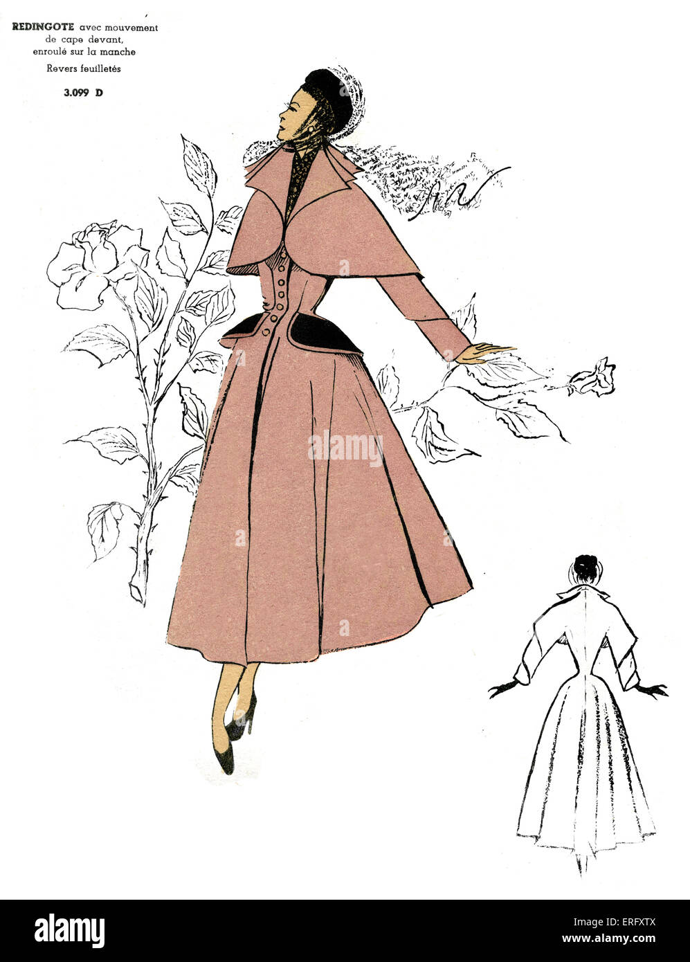 Französische Mode, Cutaway Coat Design mit prominenten Losbefestigung Kap / Cutaway Avec Mouvement de Kap. Für den späten 1940er Jahren. Stockfoto