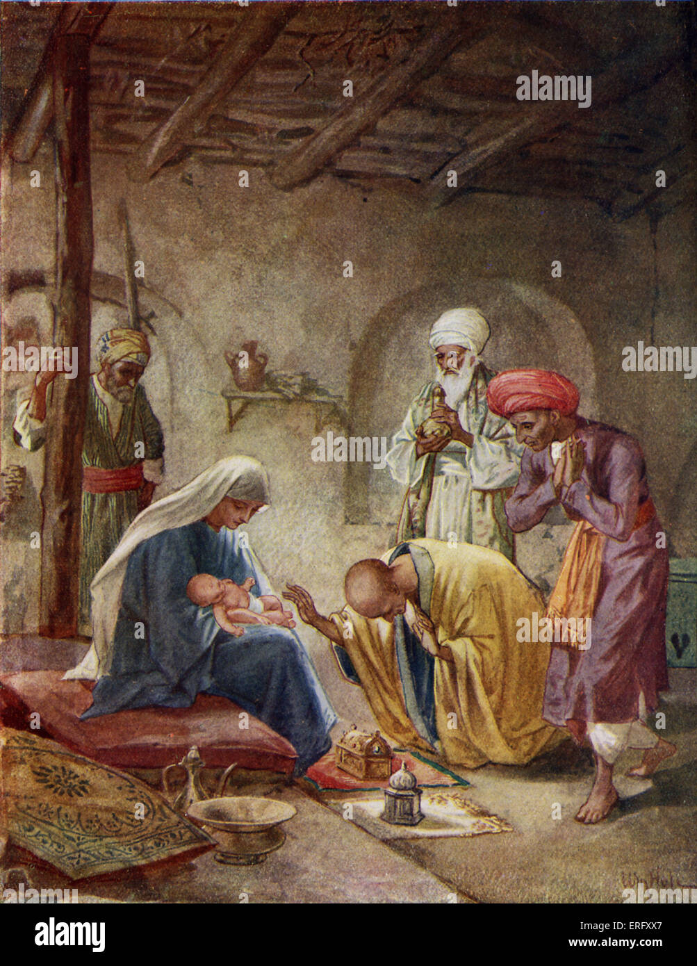 Die weisen Männer besuchen das Jesuskind "und sie kam ins Haus und sahen das Kind und Maria, seine Mutter; und sie fiel nieder und beteten ihn an; und öffnen ihre Schätze boten zu ihm Frakincense, Geschenke, Gold und Myrrhe ". Matthew II, 9-11 Stockfoto