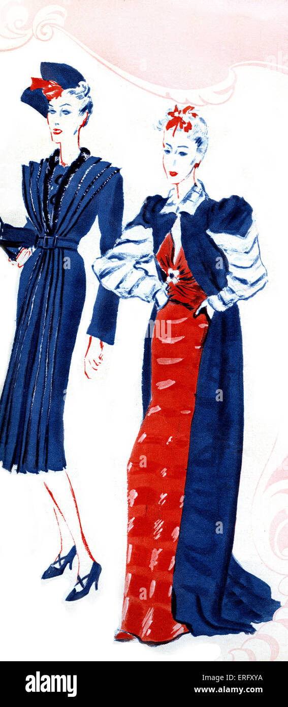 Französische Mode, Lucien Lelongs Herbst-Kollektion, 1938, für Tag und Abend Kleider: "Manteau de Coupe Originale" und "lange Stockfoto