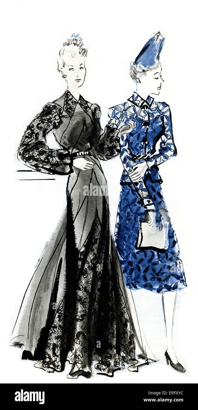 Französische Mode, Jeanne Pauins Herbst-Kollektion, 1938, für Tag und Abend Kleid: "Robe du Soir de Mousseline et Dentelle" und Stockfoto