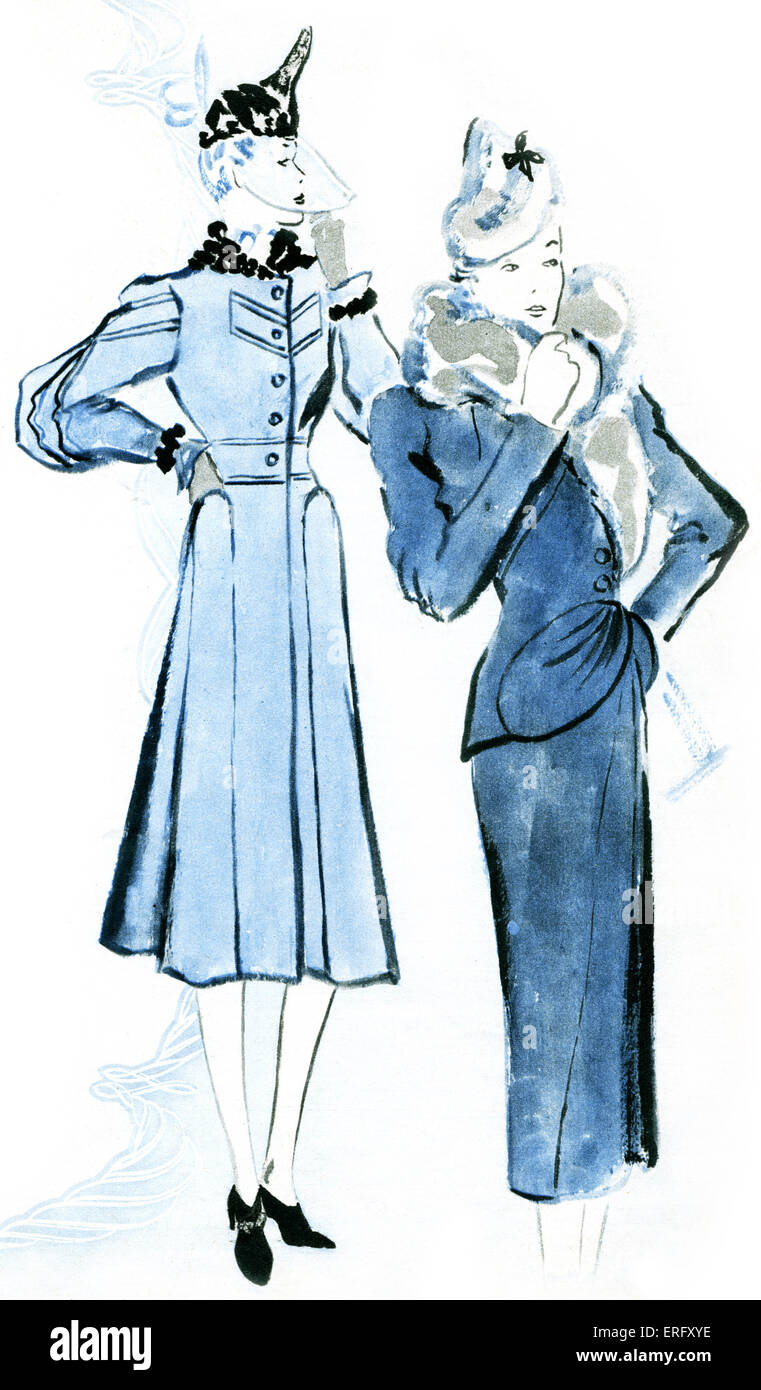 Französische Mode, Jeanne Pauins Herbst-Kollektion, 1938, für Tag und Abend Kleid: einen Mantel mit Hut und ein Outfit aus einem Rock Stockfoto