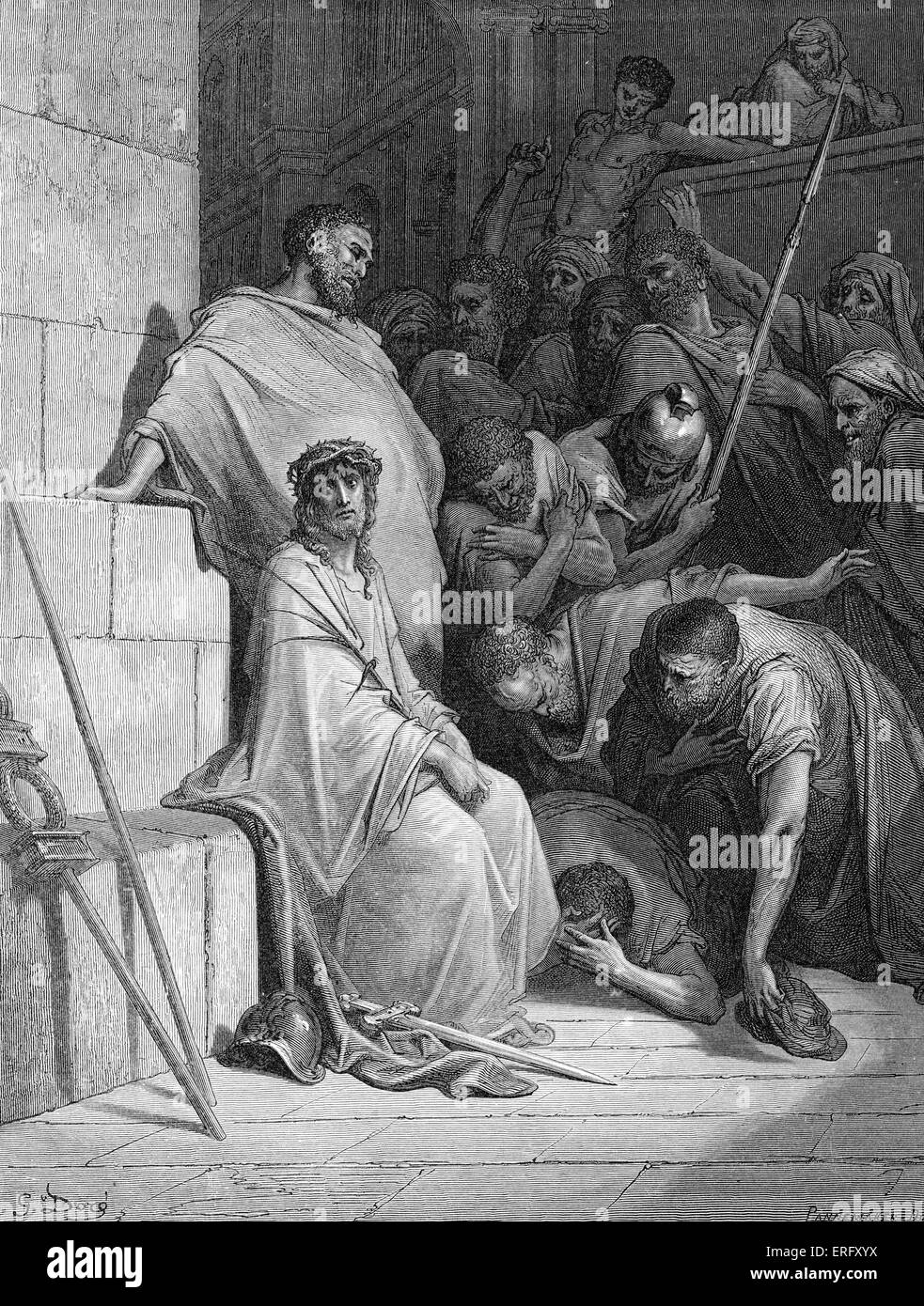 Jesus wird verspottet von den römischen Soldaten vor der Kreuzigung "und sie beugte die Knie vor ihm und verspotteten ihn, sagte:" sei gegrüßt, Stockfoto