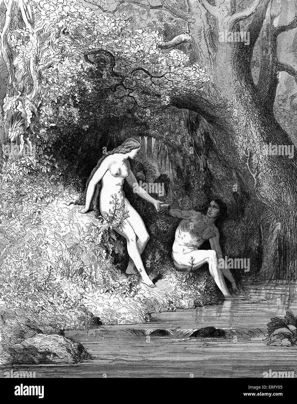 Adam und Eva - das Abendessen im Paradies. "Umso dankbarer für ihre Abendessen-Früchte fielen sie". Miltons Paradise Lost, iv Stockfoto