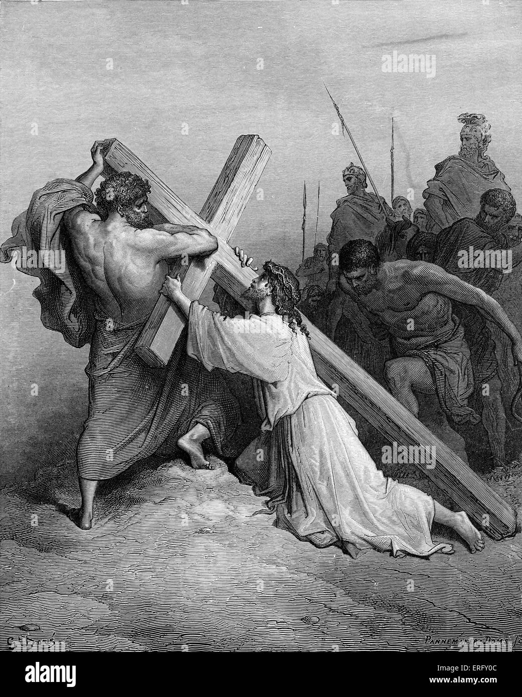 Jesus fällt unter dem Kreuz. 19. Jahrhundert Gravur von Gustave Dore, 1832-1883. Stockfoto