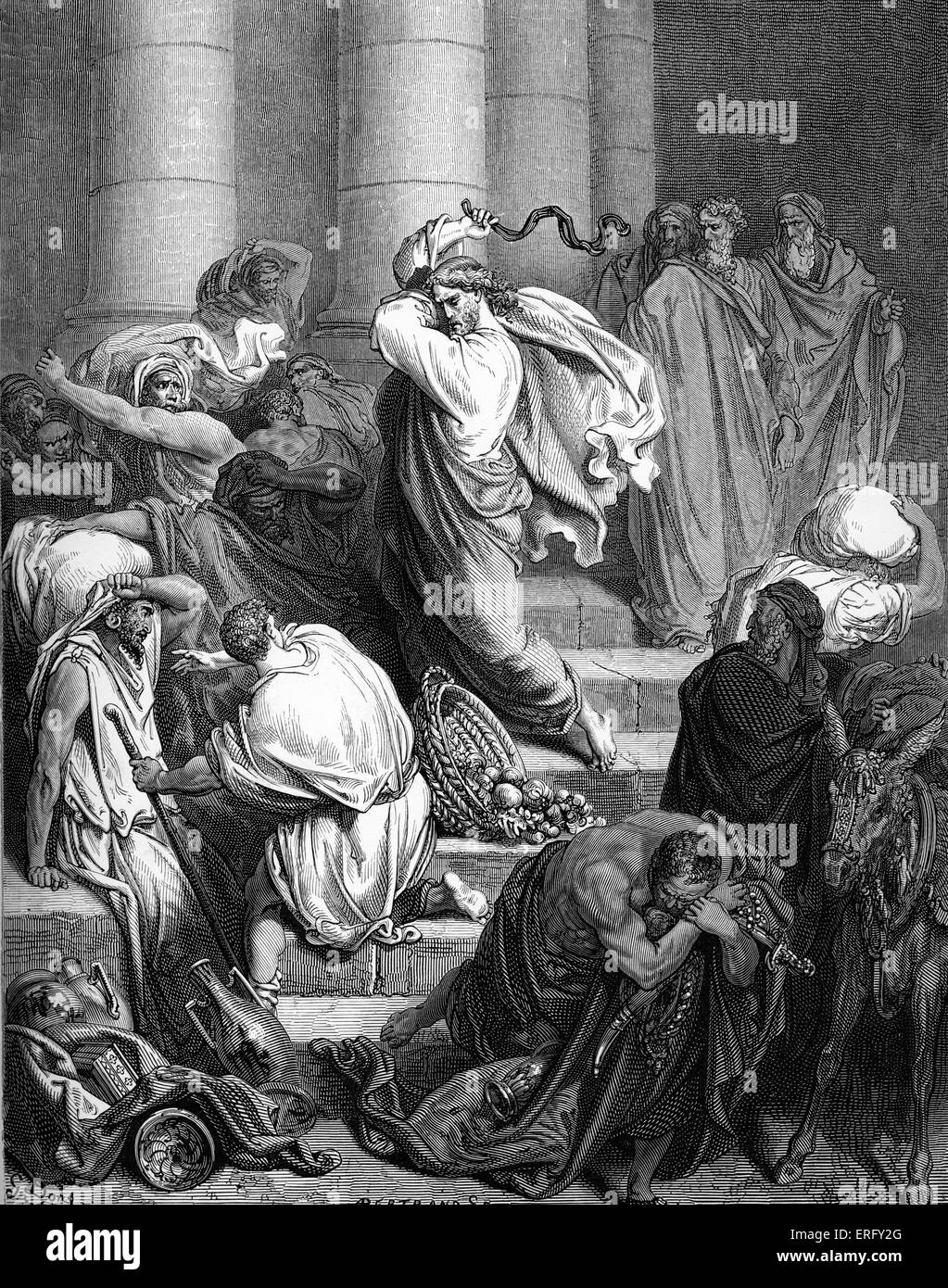 Jesus löscht den Käufern und Verkäufern aus dem Tempel: "und er ging in den Tempel und fing an, sie zu vertreiben, die verkauft Stockfoto