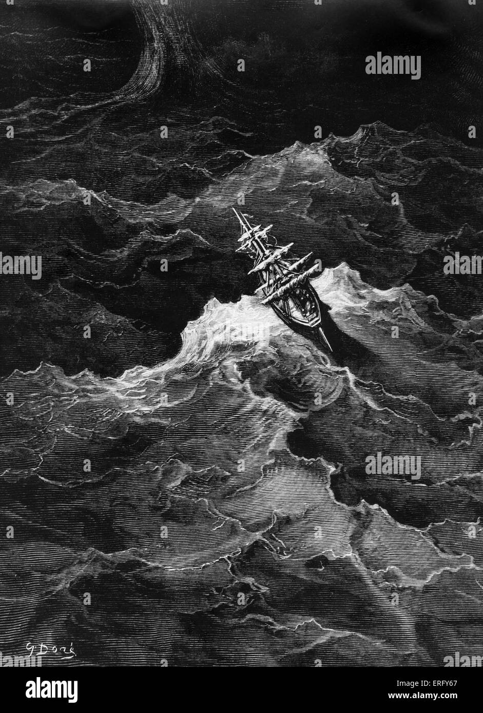 Das Schiff floh den Sturm. Illustration von Gustave Dore, the Ancient Mariner von Coleridge, geschrieben im Jahre 1797 / 98. Stockfoto