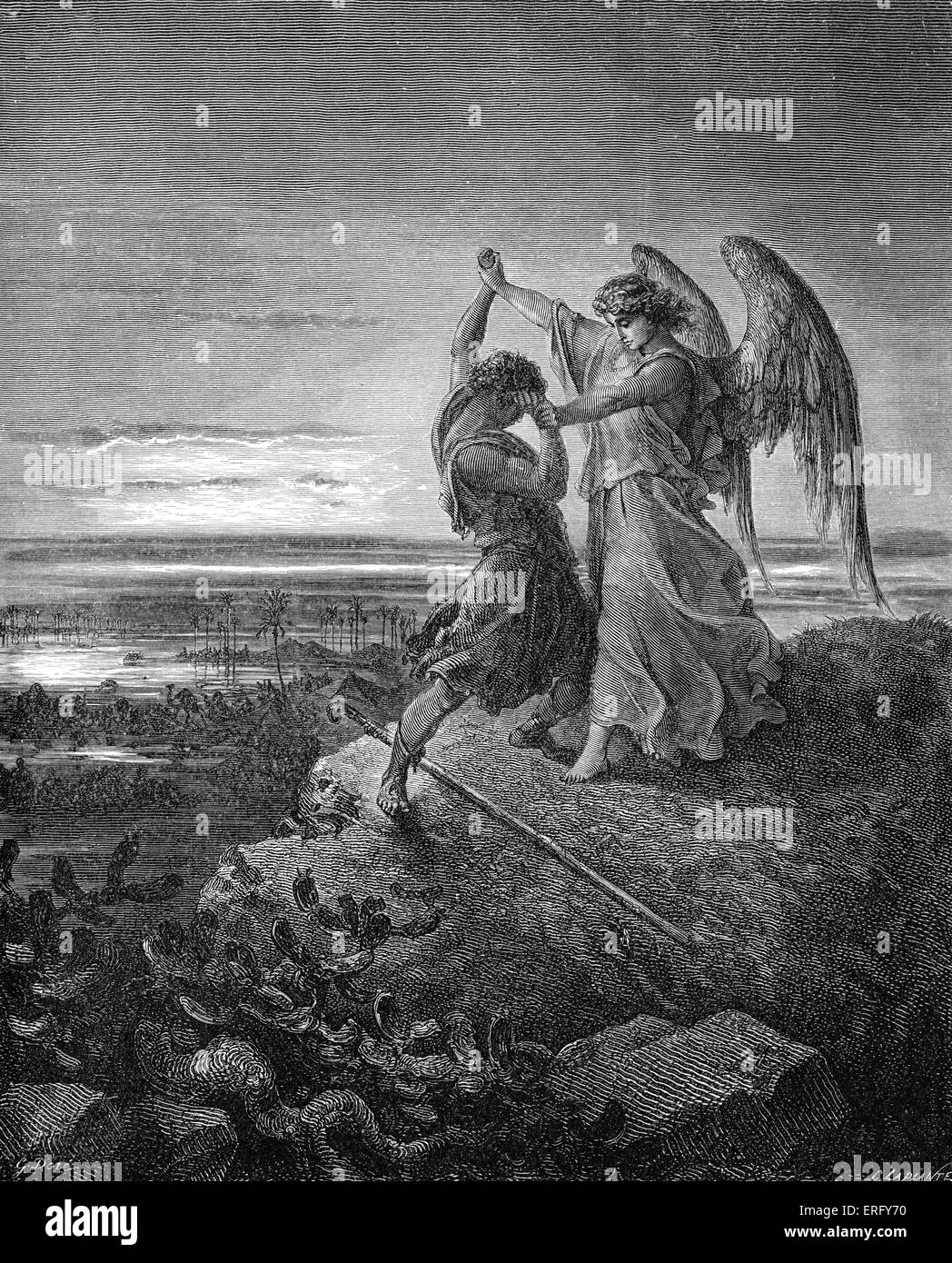 Jakob ringt mit dem Engel, Genesis 32: 24-29. Gezeichnet von Gustave Doré, französische Künstler, b 6. Januar 1832 – 23. Januar 1883. Gestochen von C Ludwig. Stockfoto