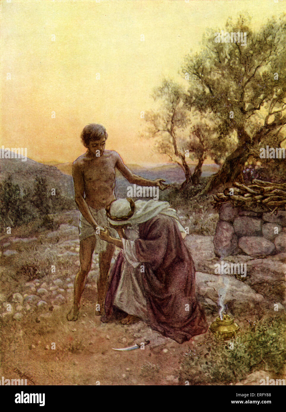 Abraham und Isaak am Berg Morija. Genesis Abraham bereitet sich auf seinen Sohn für Gott zu opfern.  Illustration von William Hole 1846 Stockfoto