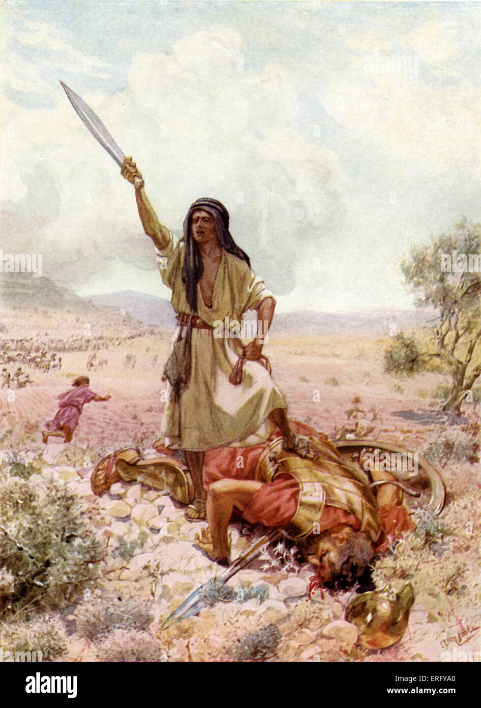 David, Goliath den Kopf abzuschlagen, nach ihn erschlagen. Ich Samuel 17: 50-51.  "So setzte sich David über die Philister mit einer Stockfoto
