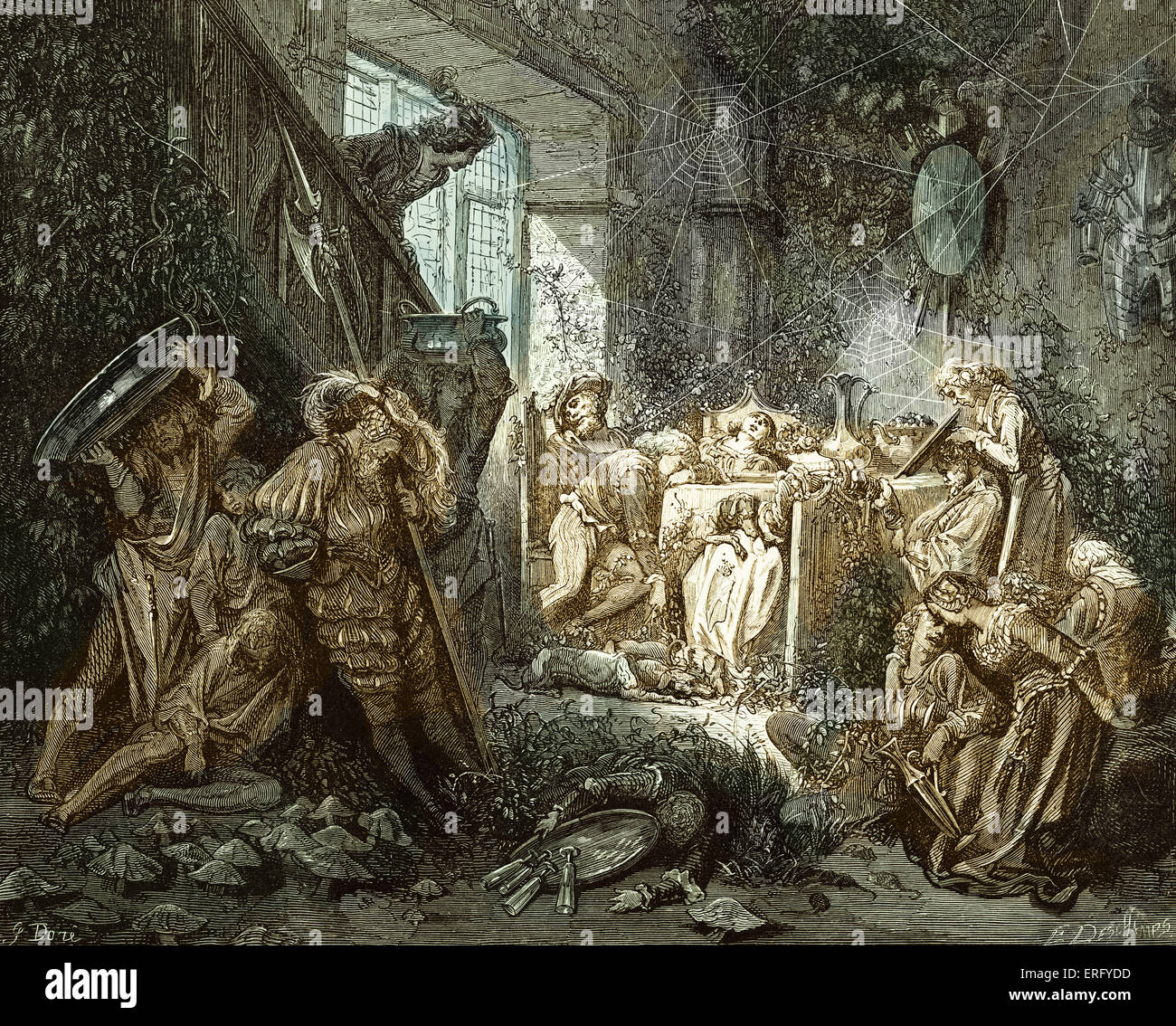 Dornröschen: Der Prinz in den Festsaal des schlafenden Palastes, Stich von Gustave Doré.  Aus der Sammlung des Stockfoto