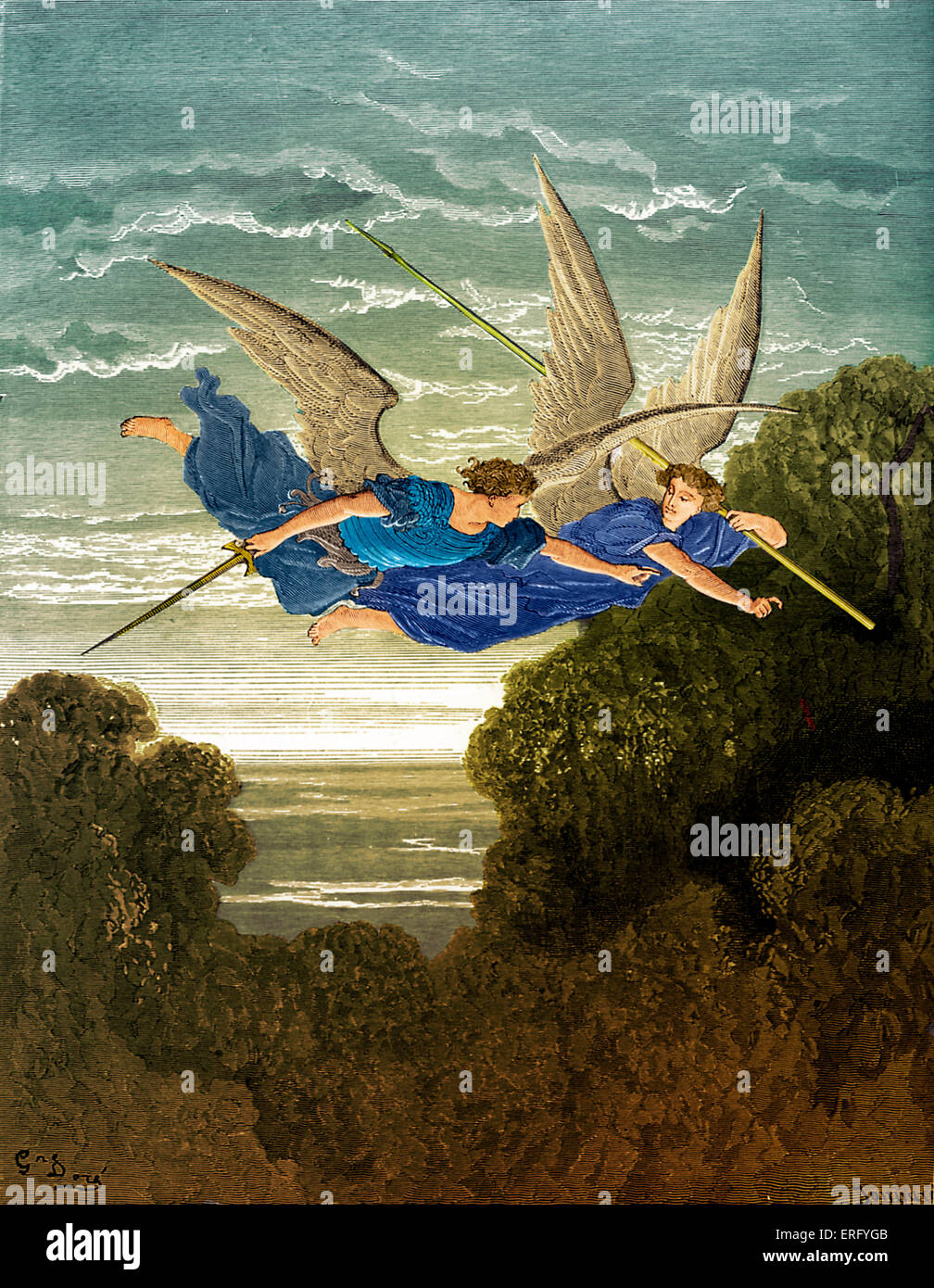 Paradise Lost von John Milton: Ithuriel und Zephon, von Gustave Doré. Die Geister, Ithuriel und Zephon, fliegen, um auf aufzupassen Stockfoto