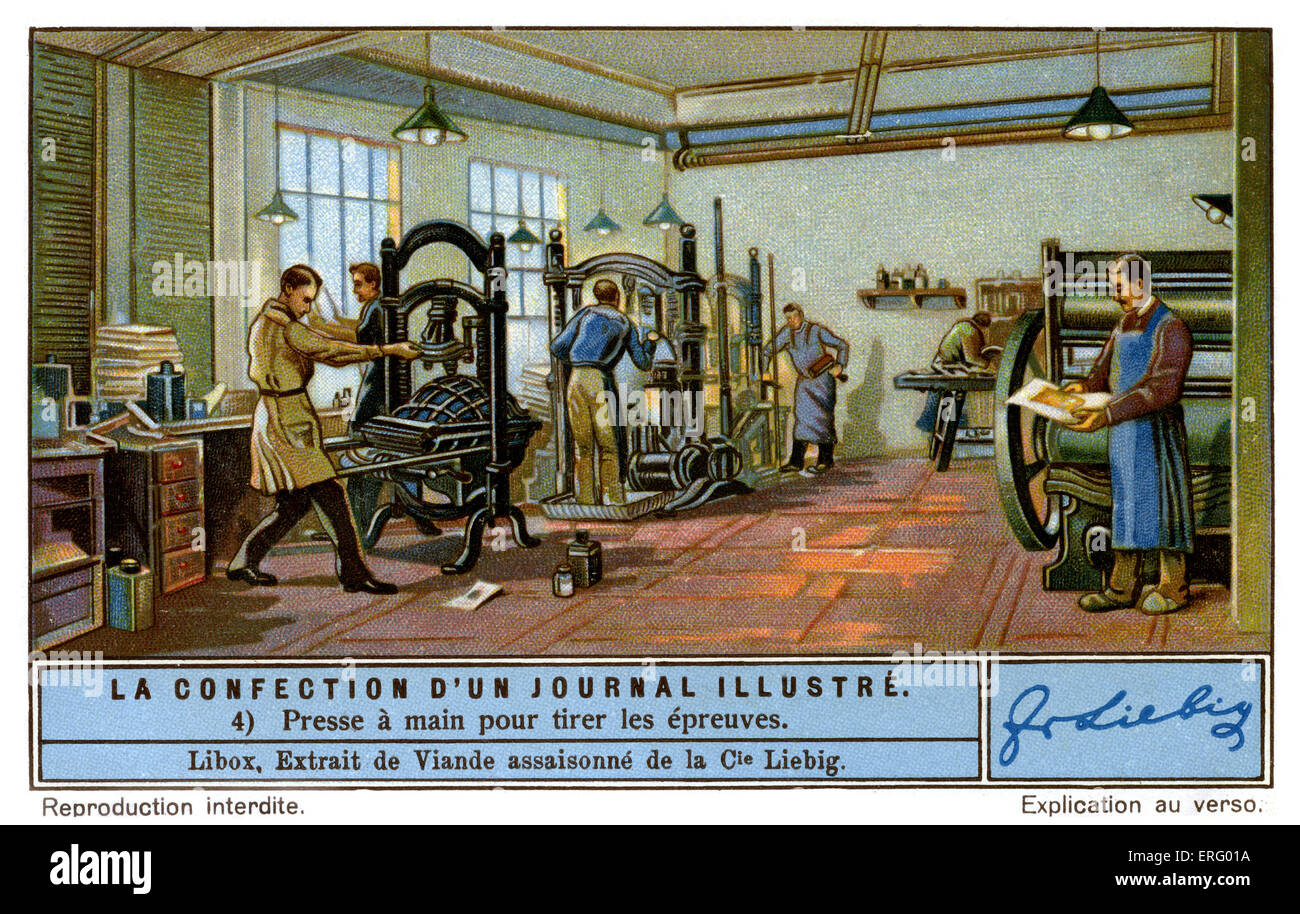 Handbetrieben Druckmaschinen für den Druck der Zeitschrift Beweise c 1934. (Liebig Serie: La Confection d ' un Journal Illustré Stockfoto