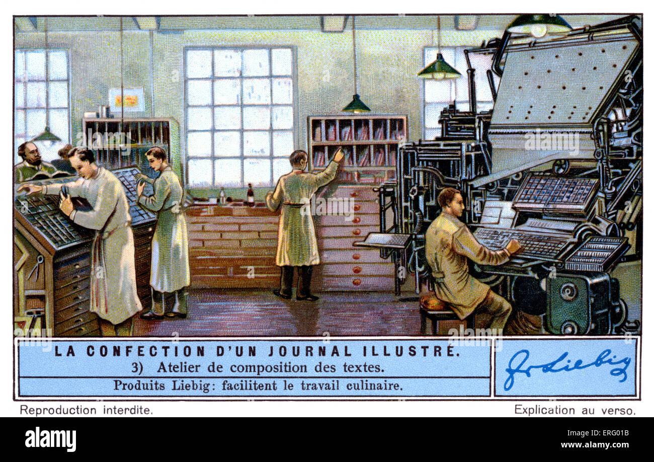 Raum für eine illustrierte französische Zeitschrift, ca. 1934 Schriftsatz.  (Liebig Serie: La Confection d ' un Journal Illustré The Making Stockfoto