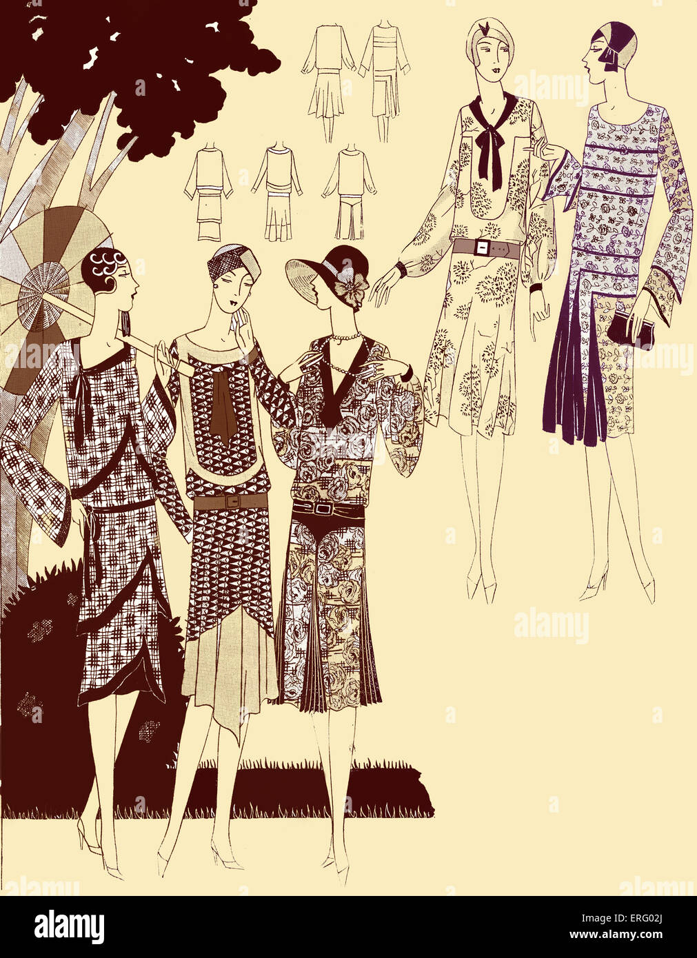 Gedruckte Mode Kleider in den späten 1920er Jahren. Hergestellt aus Krepp. Lose Falten, Hüte. Farbausführung Version. Stockfoto