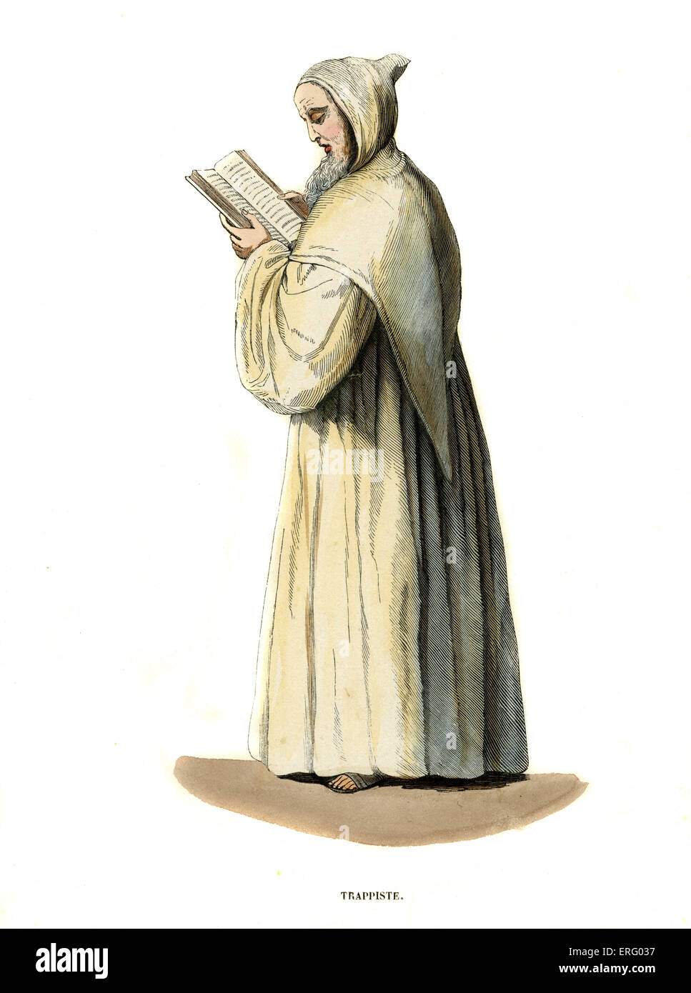 Trappist Mönch Studium Heiliger Text im Mittelalter, gegründet Rreform Bewegung 1664.Hand farbigen Gravur. .-1847 Stockfoto