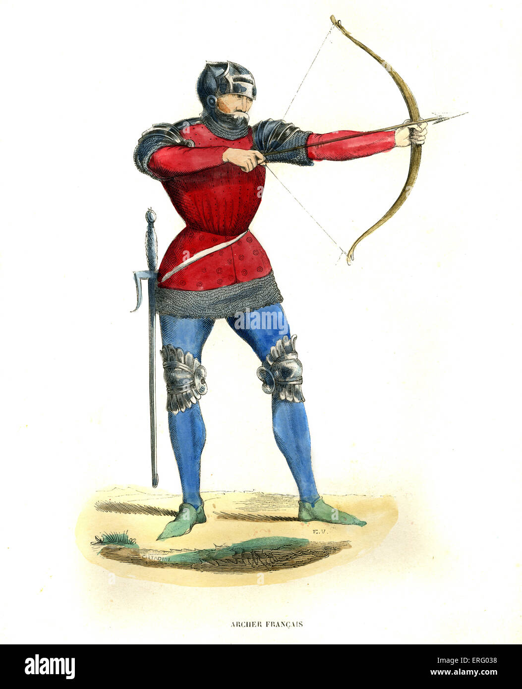 Französischer Bogenschütze im Mittelalter mit Pfeil und Bogen mit Rüstung, Knie, Schultern und Kopf zu schützen.  Trägt ein Schwert an der Hüfte. Stockfoto
