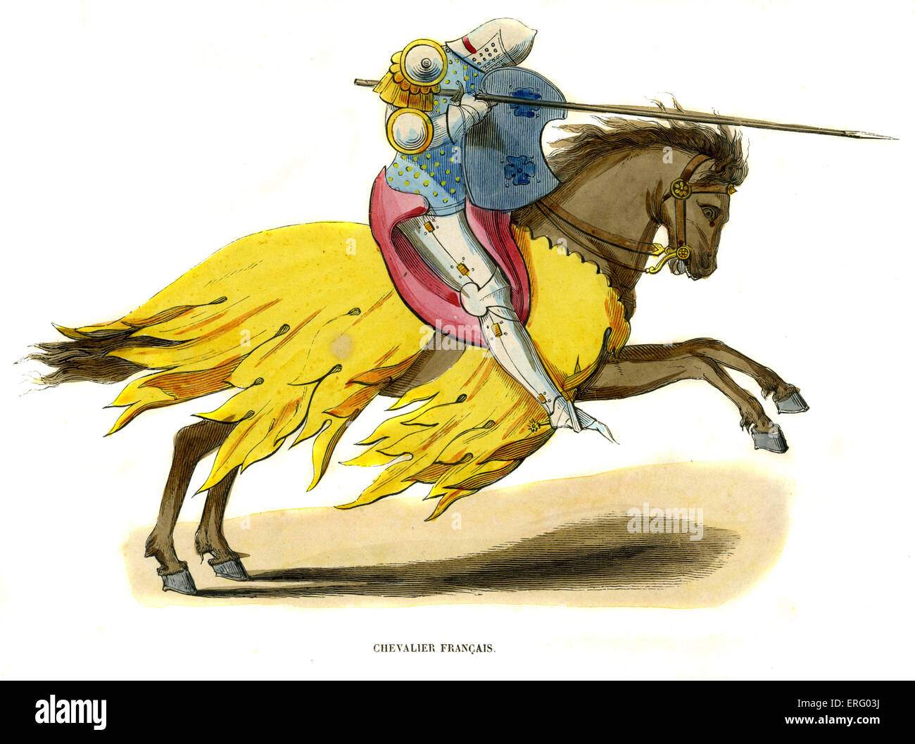 Französische Ritter auf seinem Pferd bereit für den Kampf. Zur Zeit der Kreuzzüge.  Hand gefärbt Gravur-c. 1847 Stockfoto