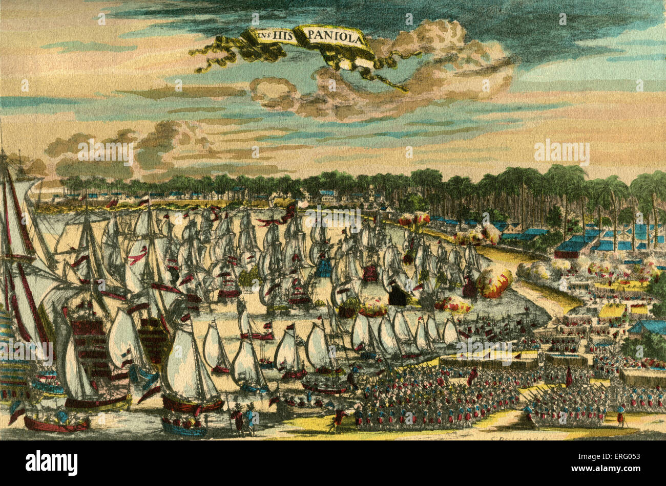 Landung auf St. Domingo, 17. Jahrhundert Gravur. Französische Freibeuter, die Landung auf der westlichen Küste des spanischen gesteuert Stockfoto