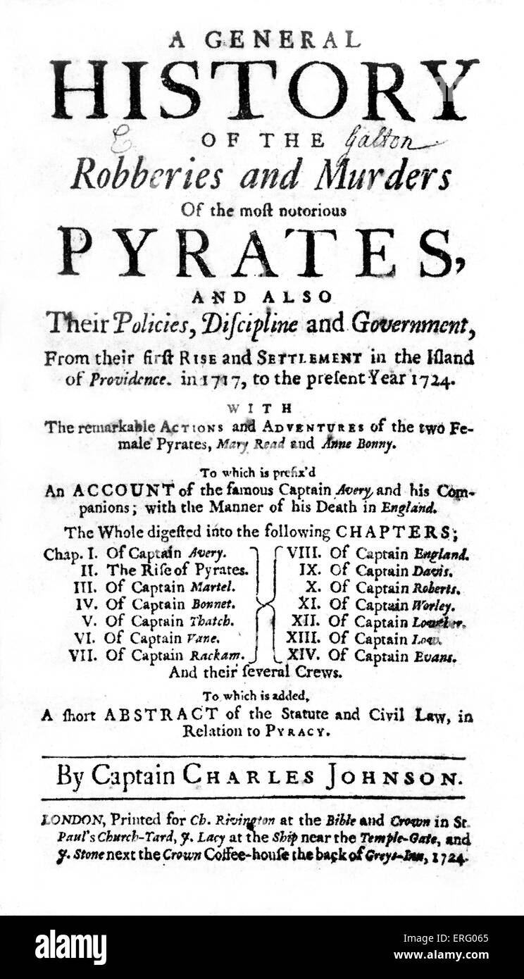 Titelblatt des "A General History of die Raubüberfälle" und Morde an die meisten Notorious Pyrates von Captain Charles Johnson Stockfoto