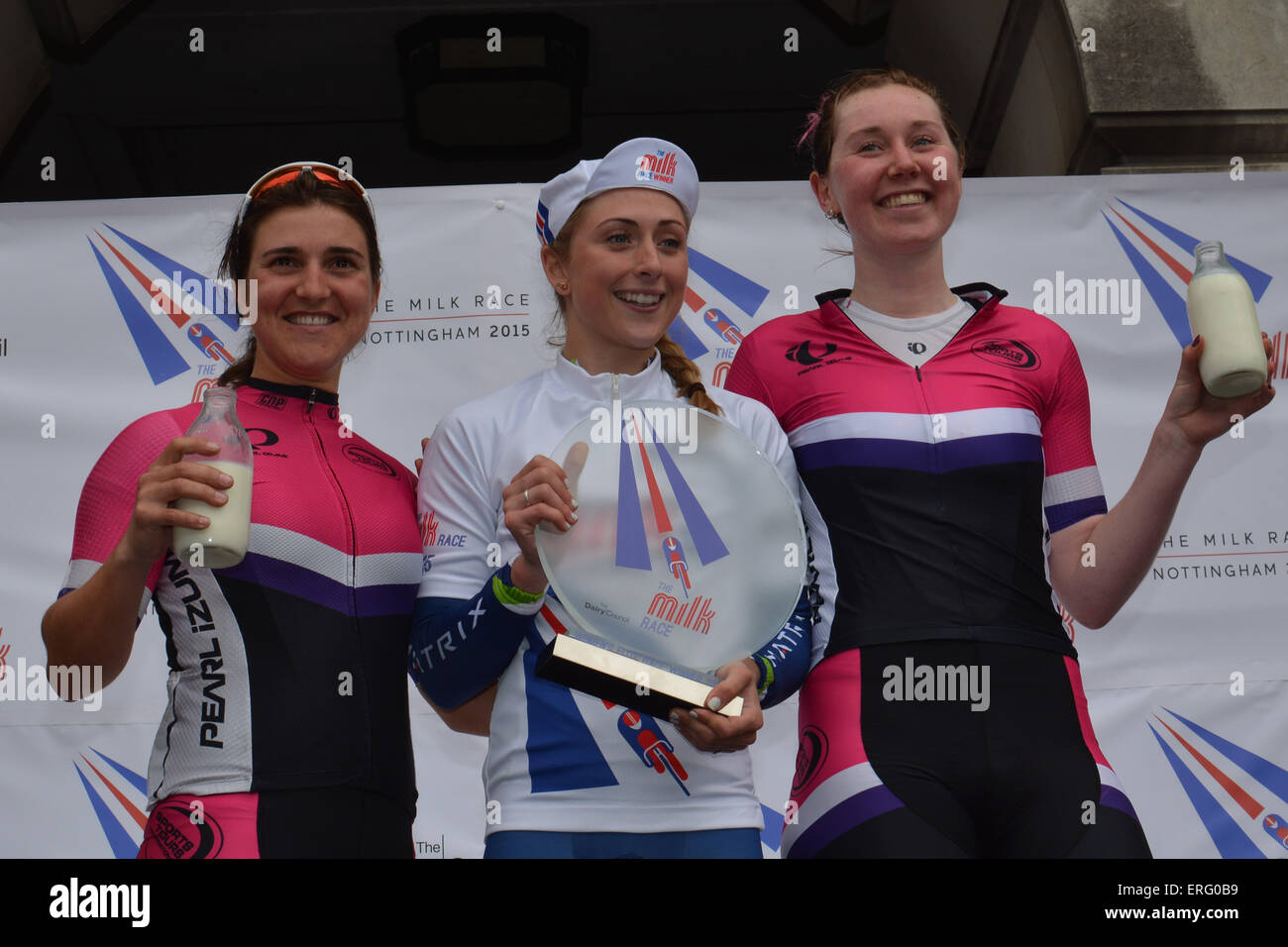 Die Elite Frauen Podium beim Milch-Rennen in Nottingham, Vereinigtes Königreich am 24. Mai 2015. Stockfoto