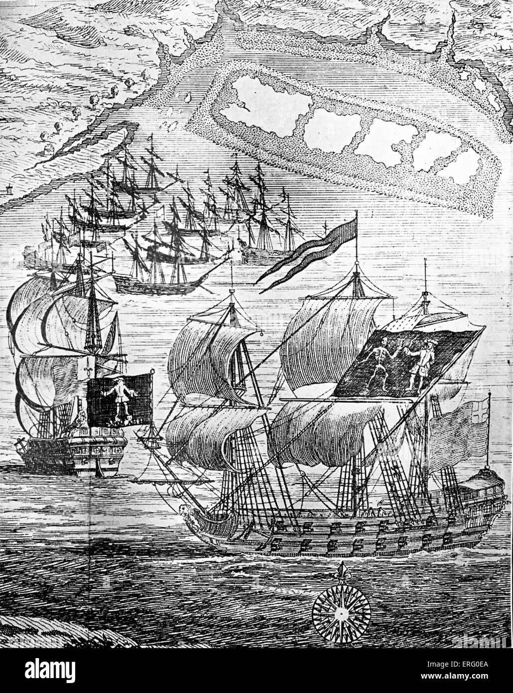 "Die Piratenschiffe"Royal Fortune"und"Ranger"Whydah Straße, 11. Januar 1722" Gravur. Die Schiffe gehörten zu den Piraten, Stockfoto