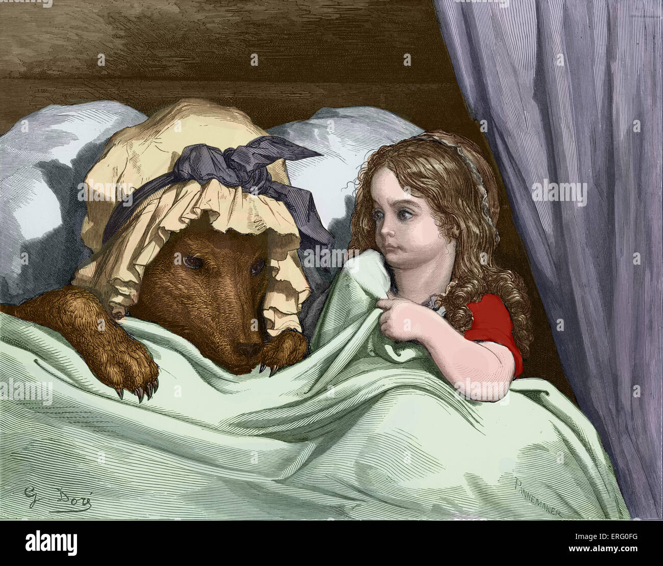 Charles Perrault, Little Red Riding Hood Gravur von Gustave Doré.  Little Red Riding Hood mit dem Wolf, Kupferstich von Stockfoto