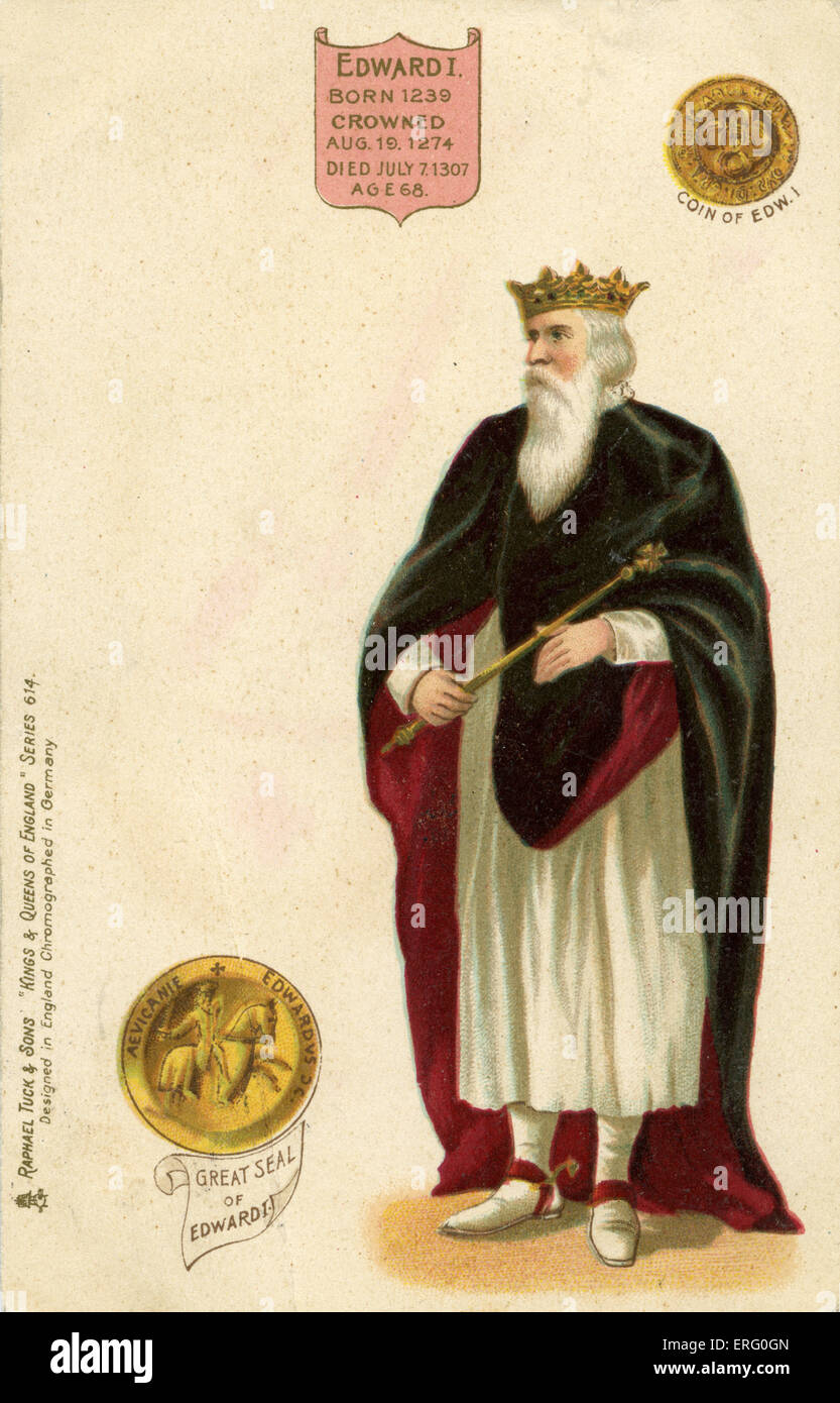 Edward ich. Probe der Münze in seiner Herrschaft und seine große Siegel. Plantaganet König von England. Bekannt als "Longshanks". Regierte von 1272 bis 1307. 17 Juni 1239 – 7 Juli 1307. (Könige und Königinnen von England-Serie, Raphael Tuck) Stockfoto